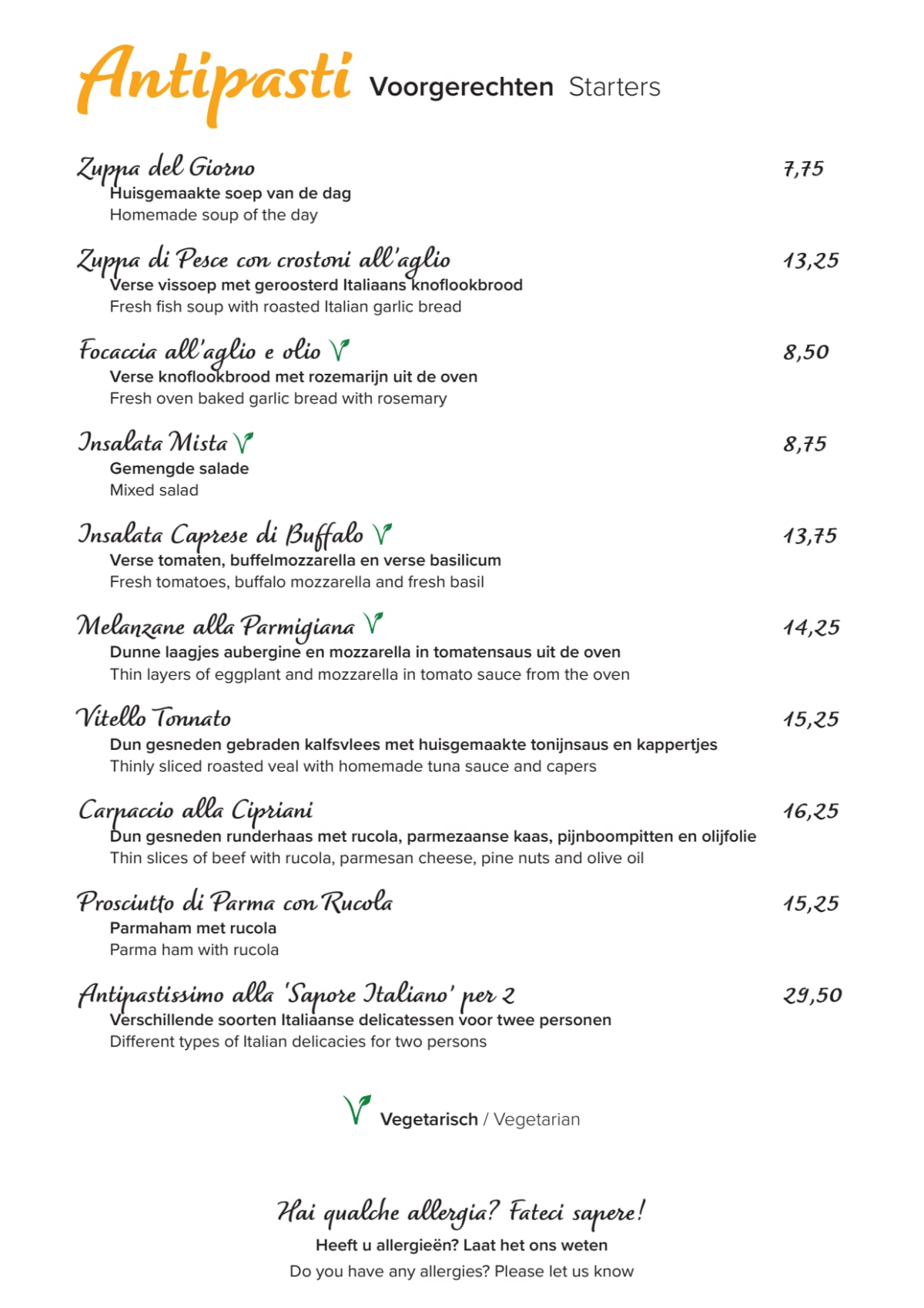 Sapore Italiano menu