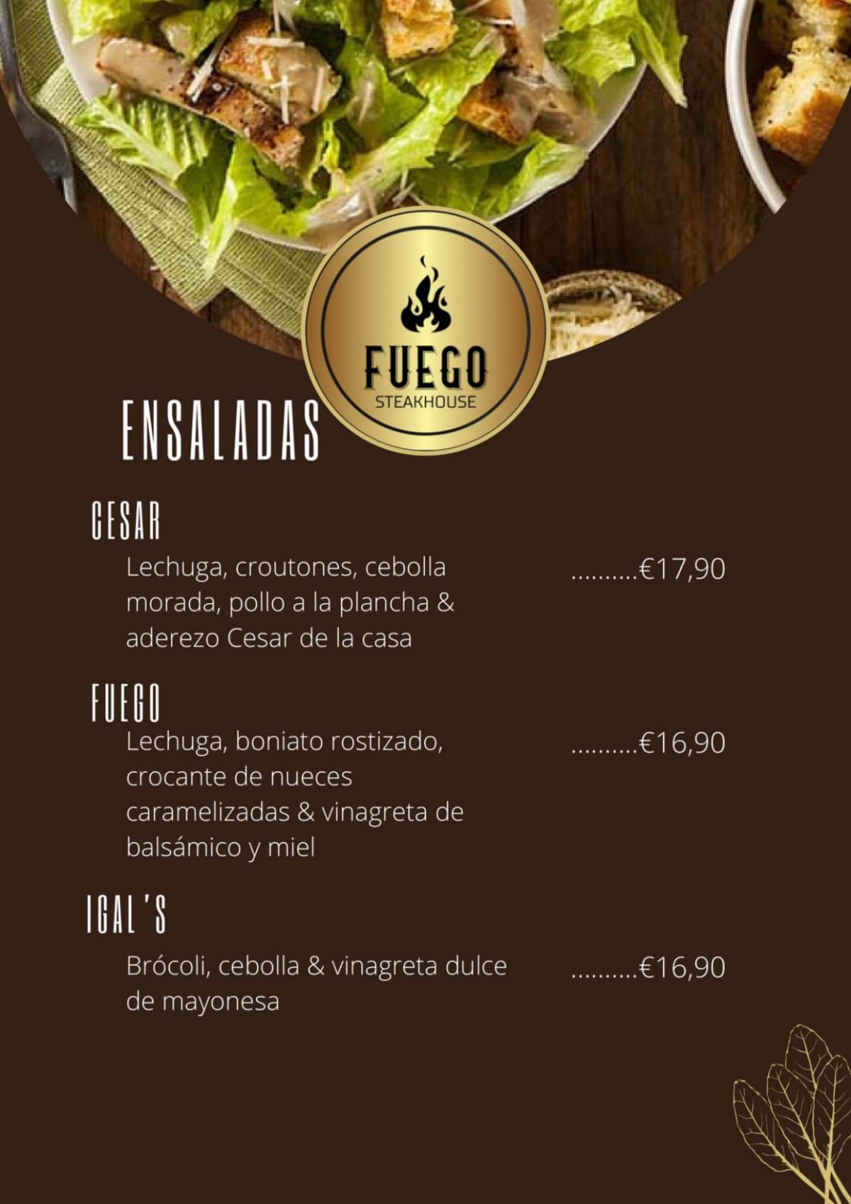 Fuego Steak House menu