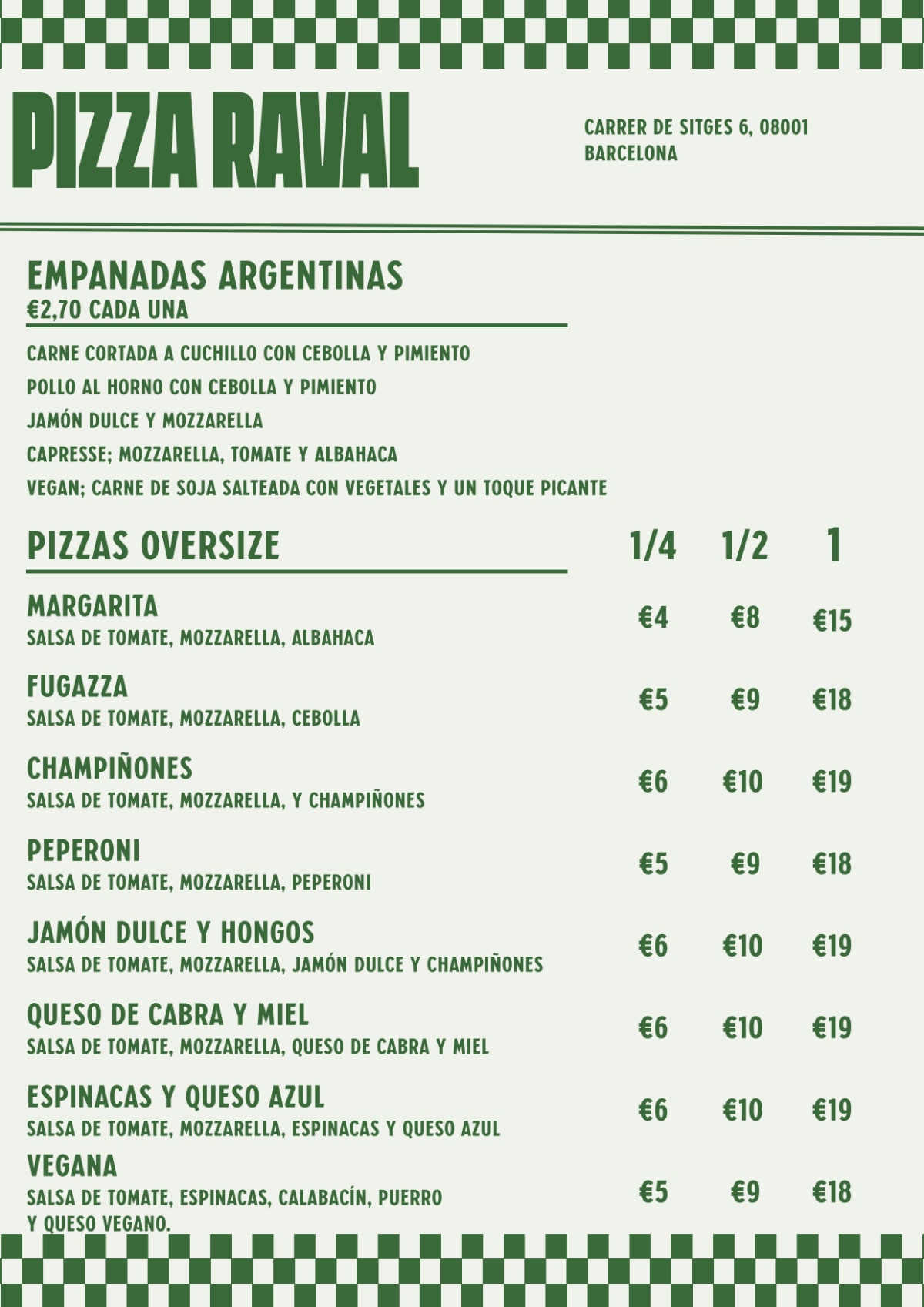 Pizza Raval Bar menu