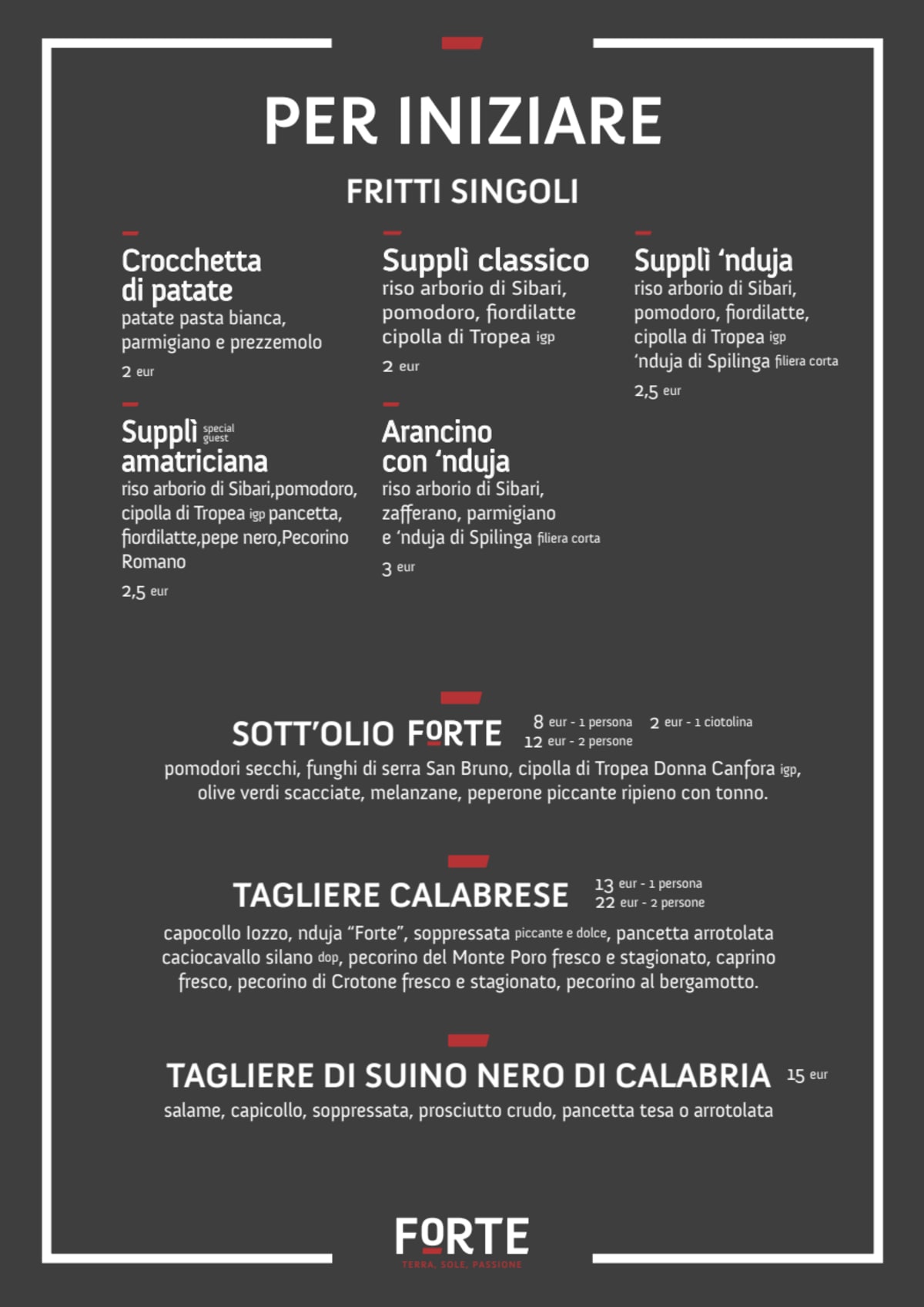 Forte - Terra, sole, passione menu