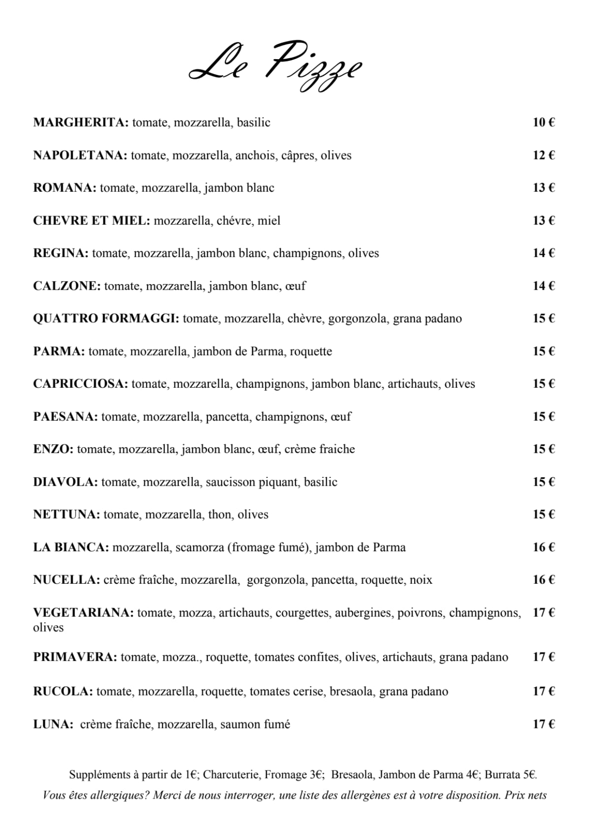 Mezza Luna - Pizzeria Artisanale menu