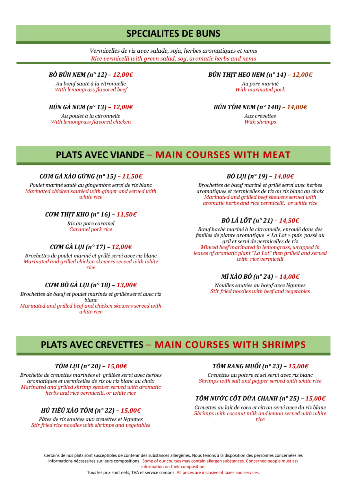 Chao Sapa menu