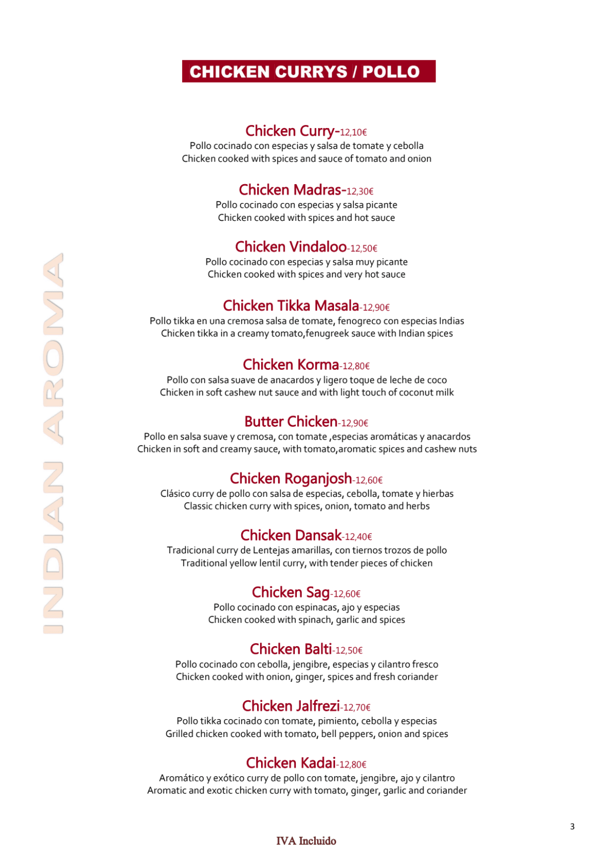 Indian Aroma menu