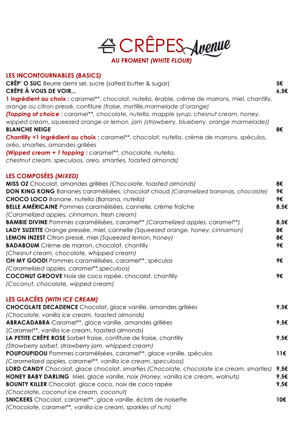 Crêpe Avenue menu