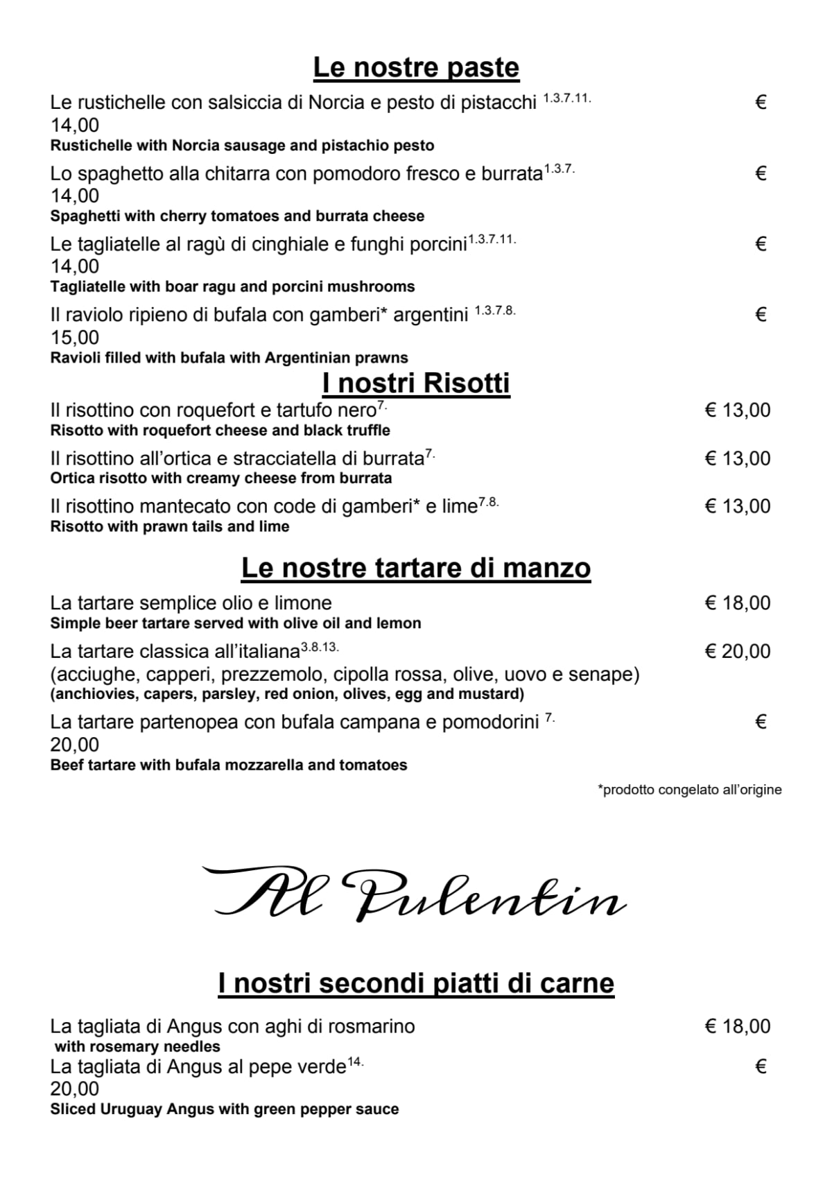 Al Pulentin menu
