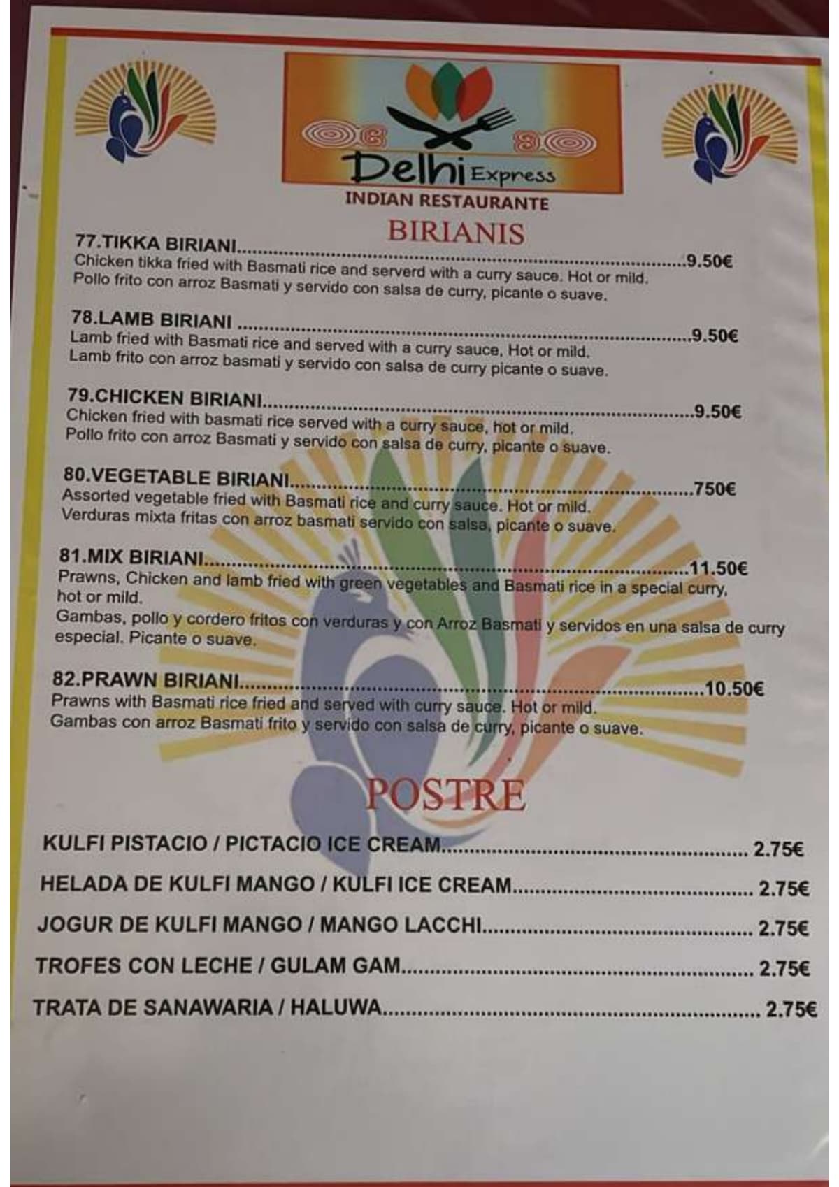 Delhi Express menu