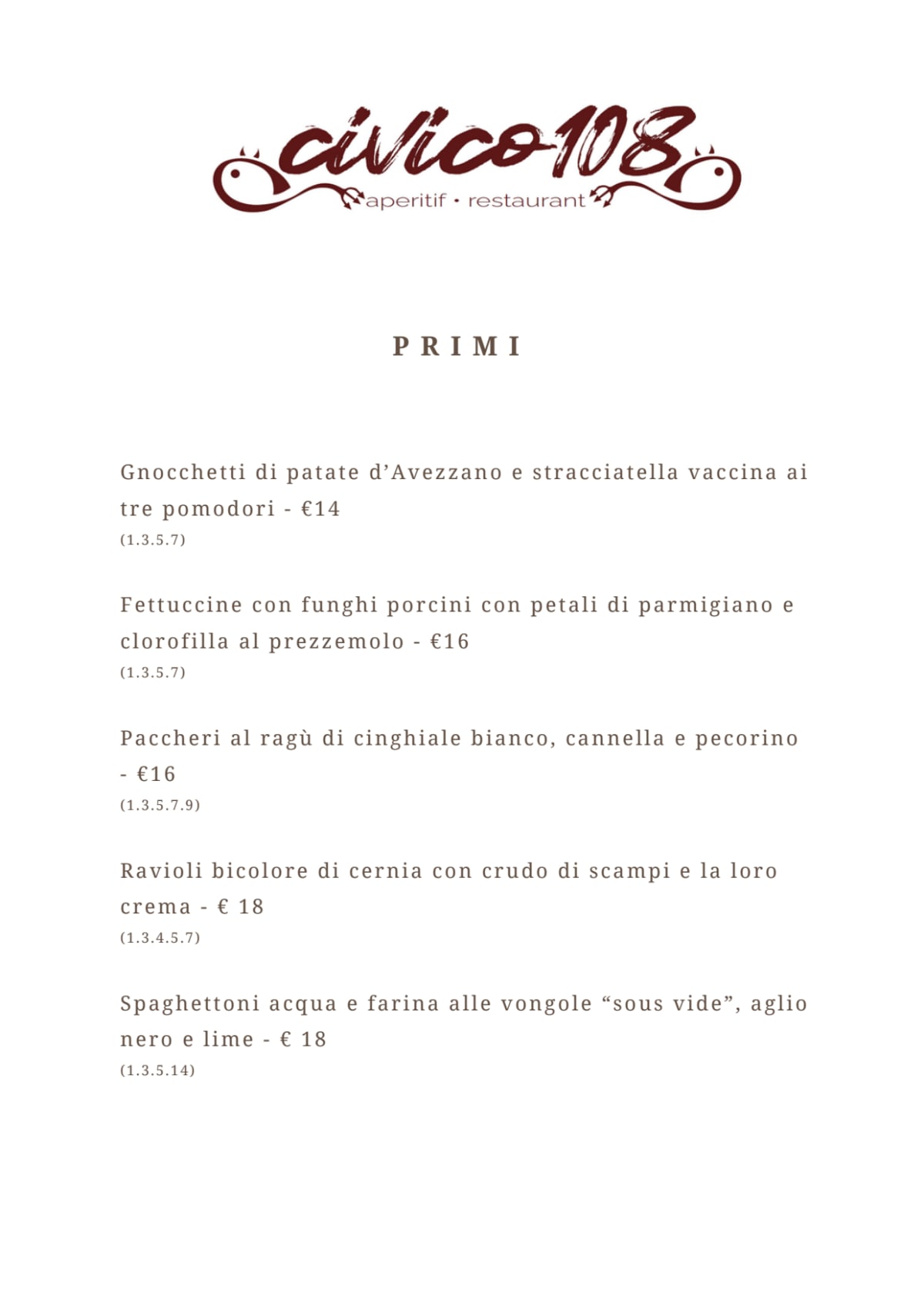 Civico 108 menu