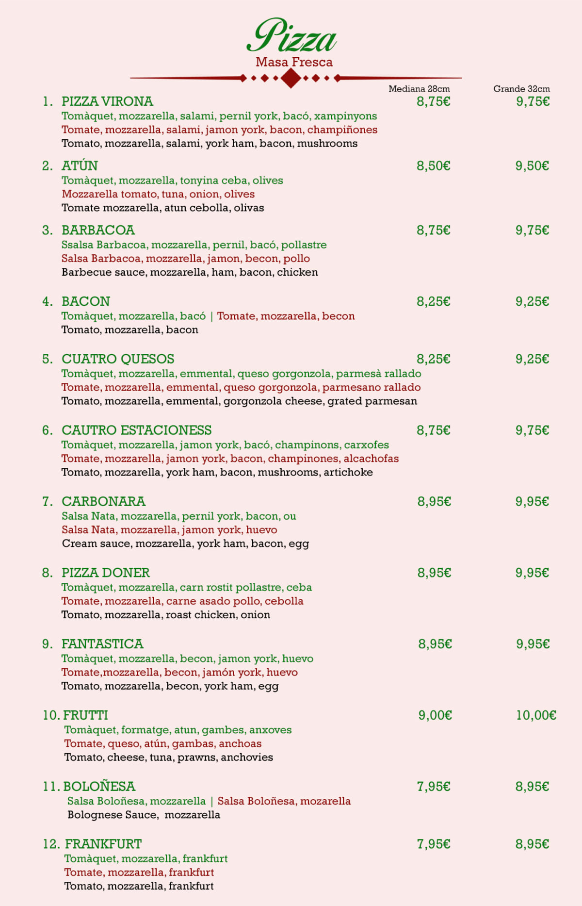 Virona menu