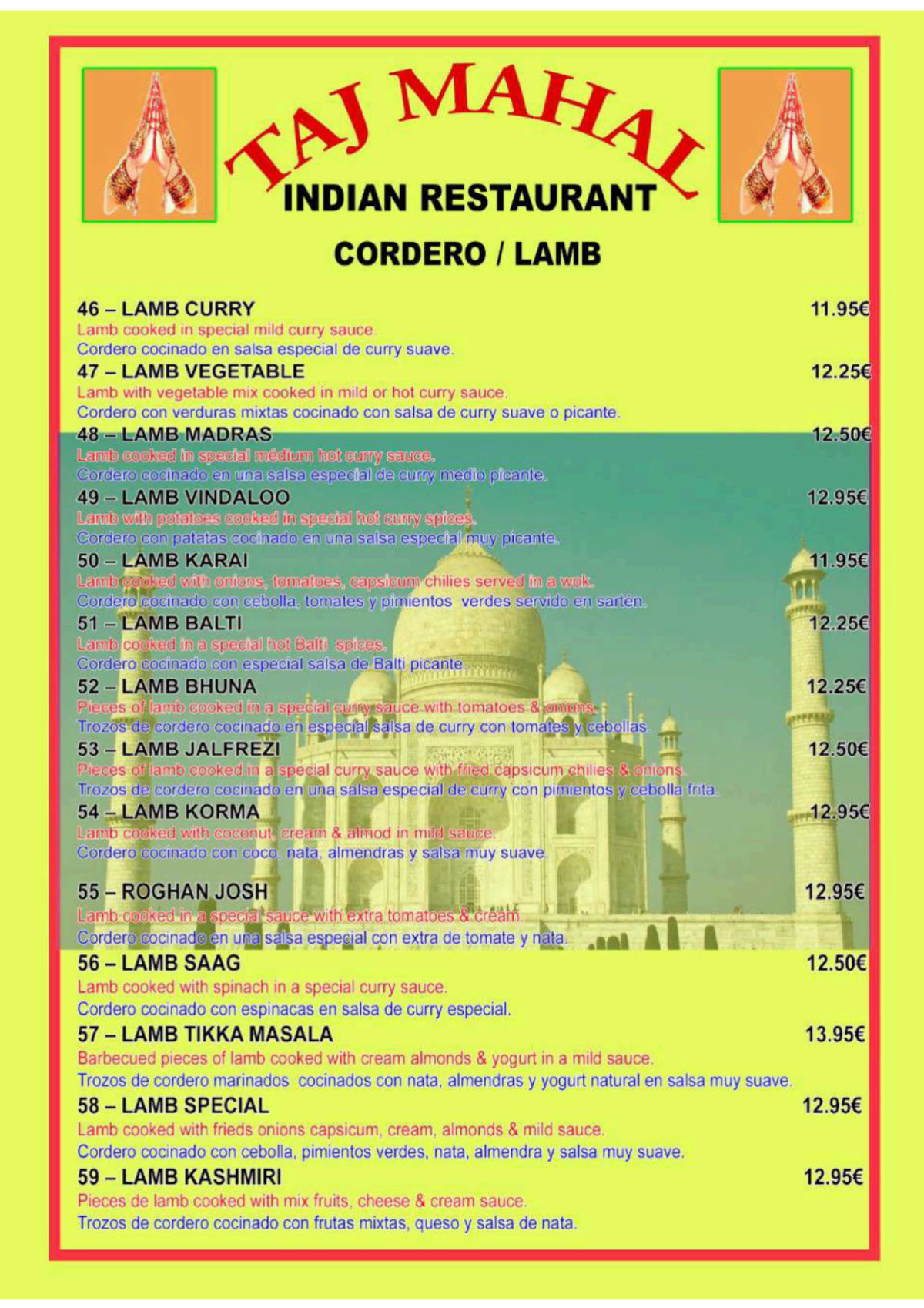 Taj Mahal - Lavapiés 46 menu