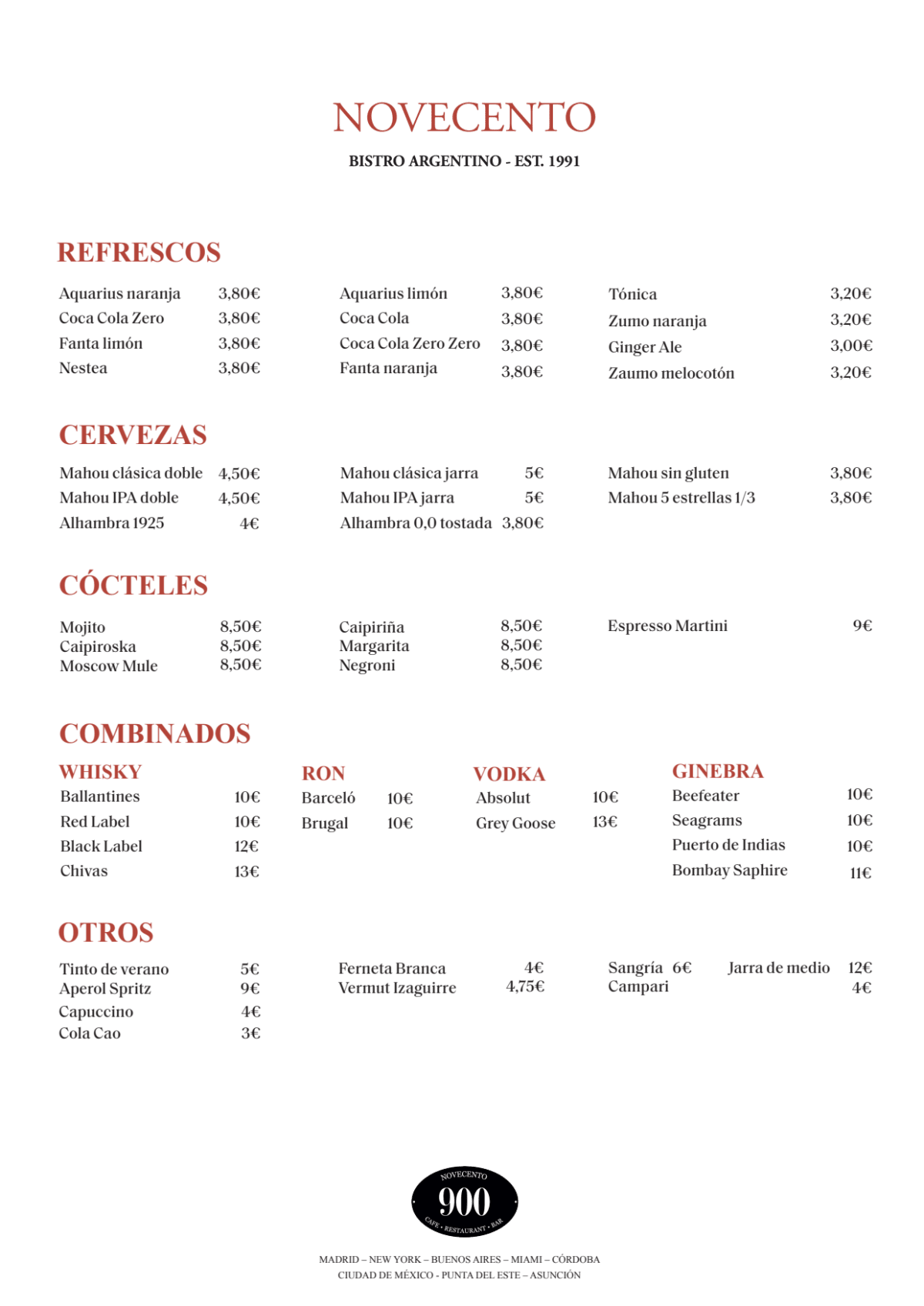 Carta y menù 2024 Actualizados Novecento Bistró en Madrid TheFork