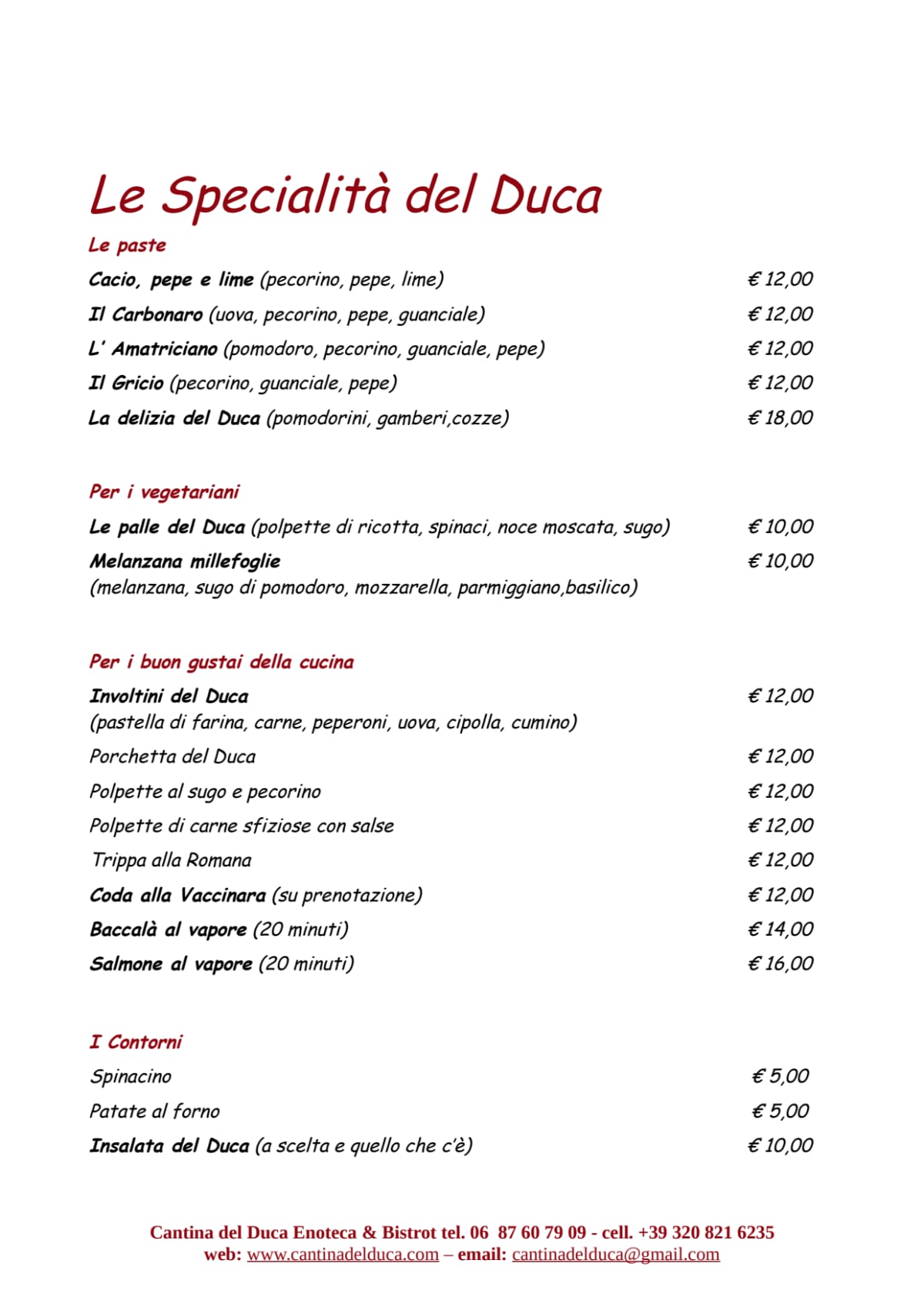 Cantina del Duca menu