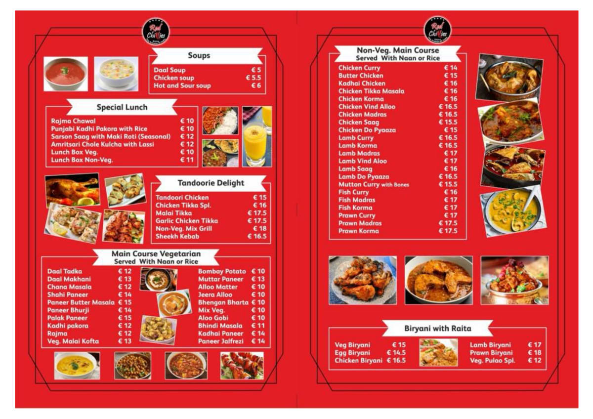 Red Chillies Indian Restaurant menu