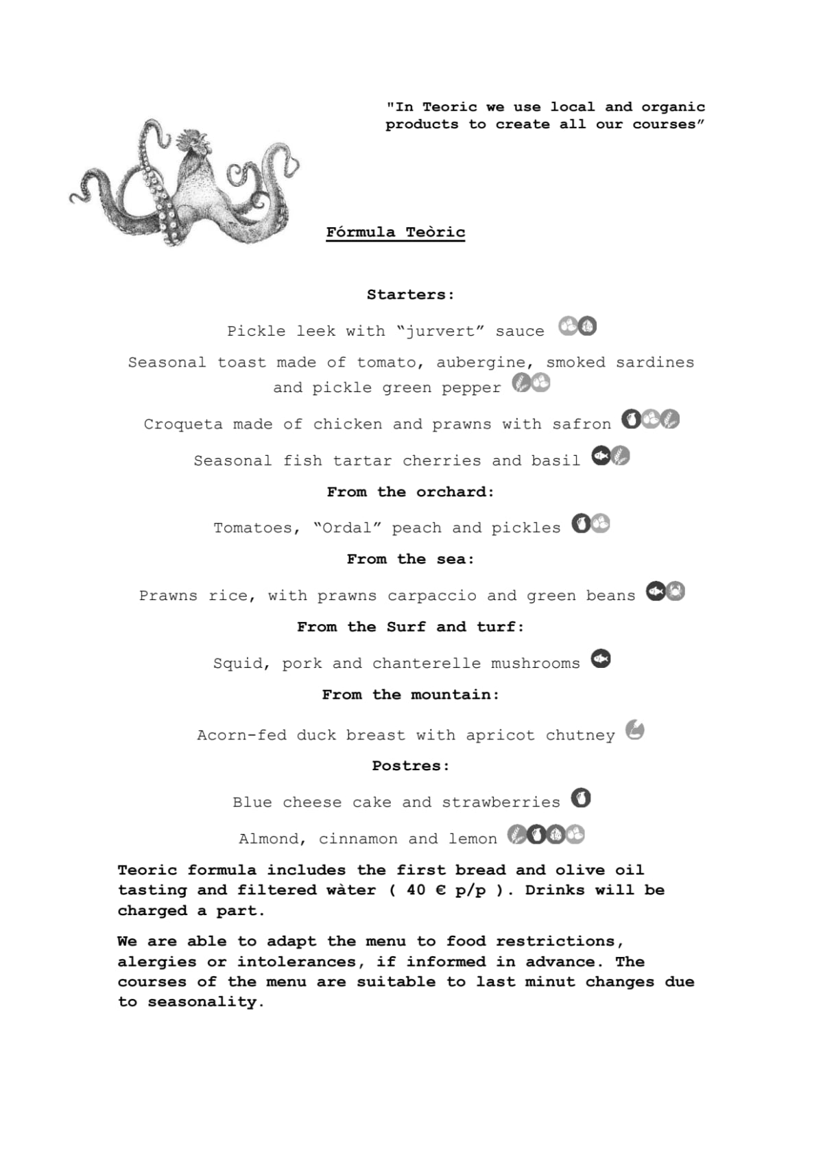 Teòric Taverna Gastronòmica menu