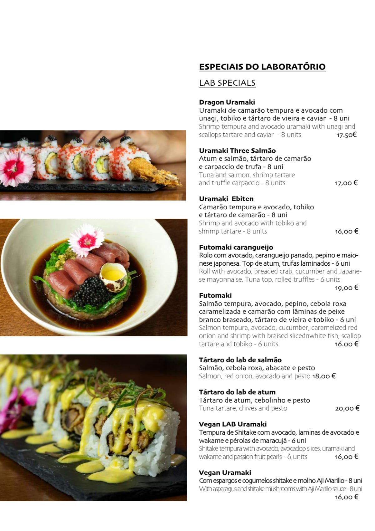 Unique Sushi Lab menu