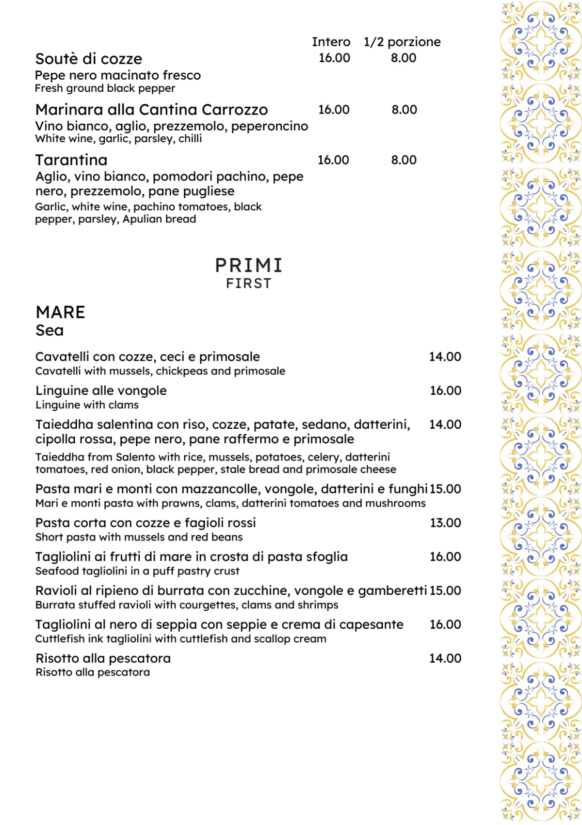 Frisà bistró menu