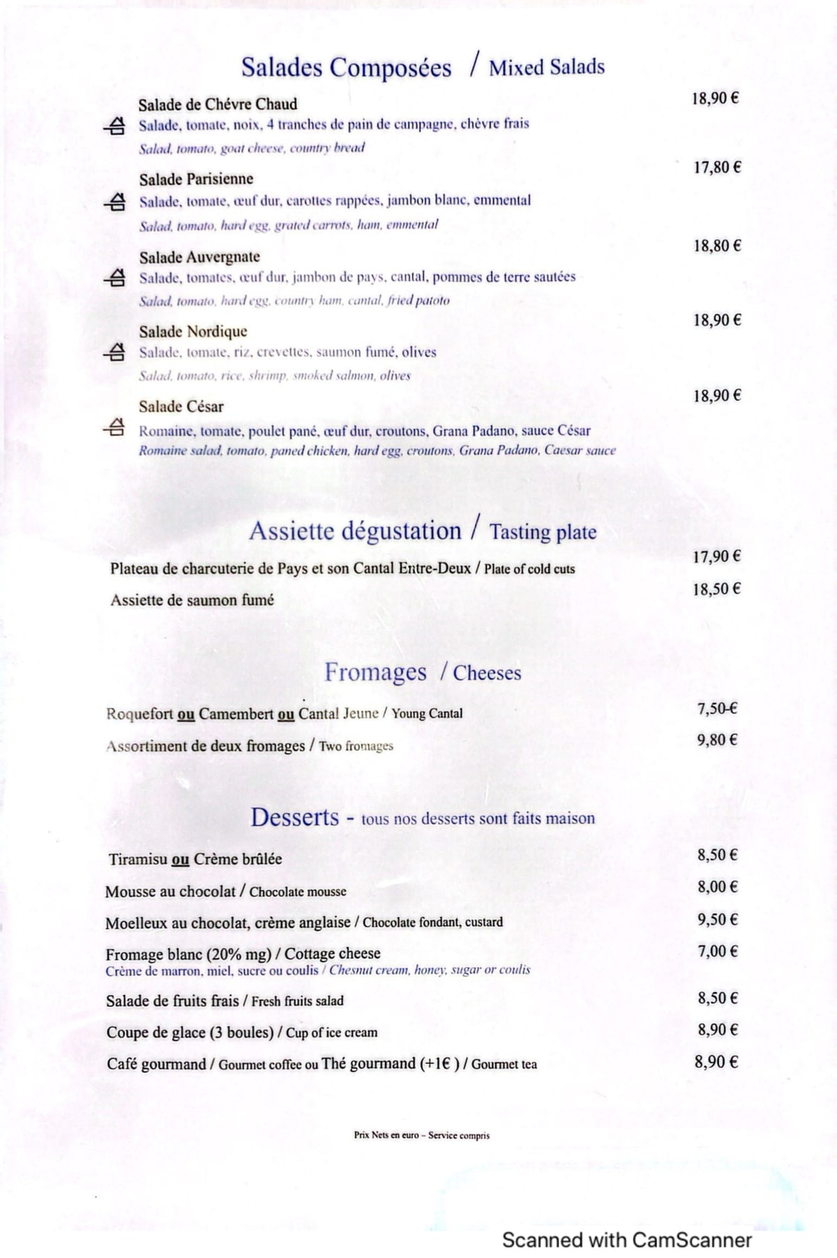 Brasserie le Carrefour menu