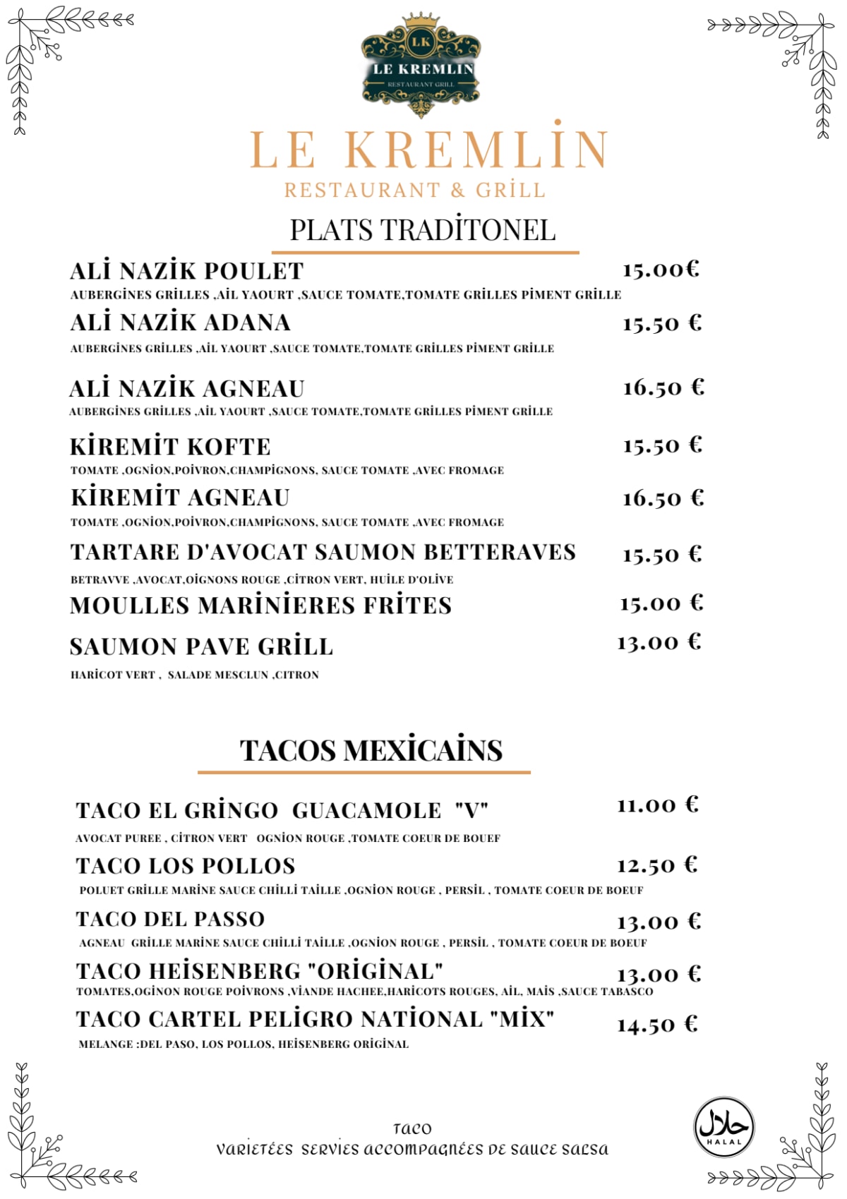 Le Kremlin Restaurant Grill menu