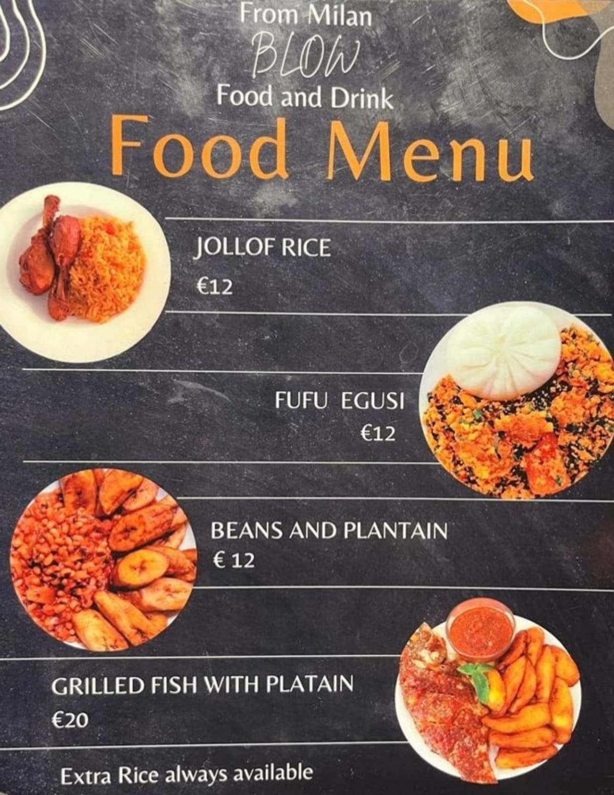 Blow Food and Drink menu