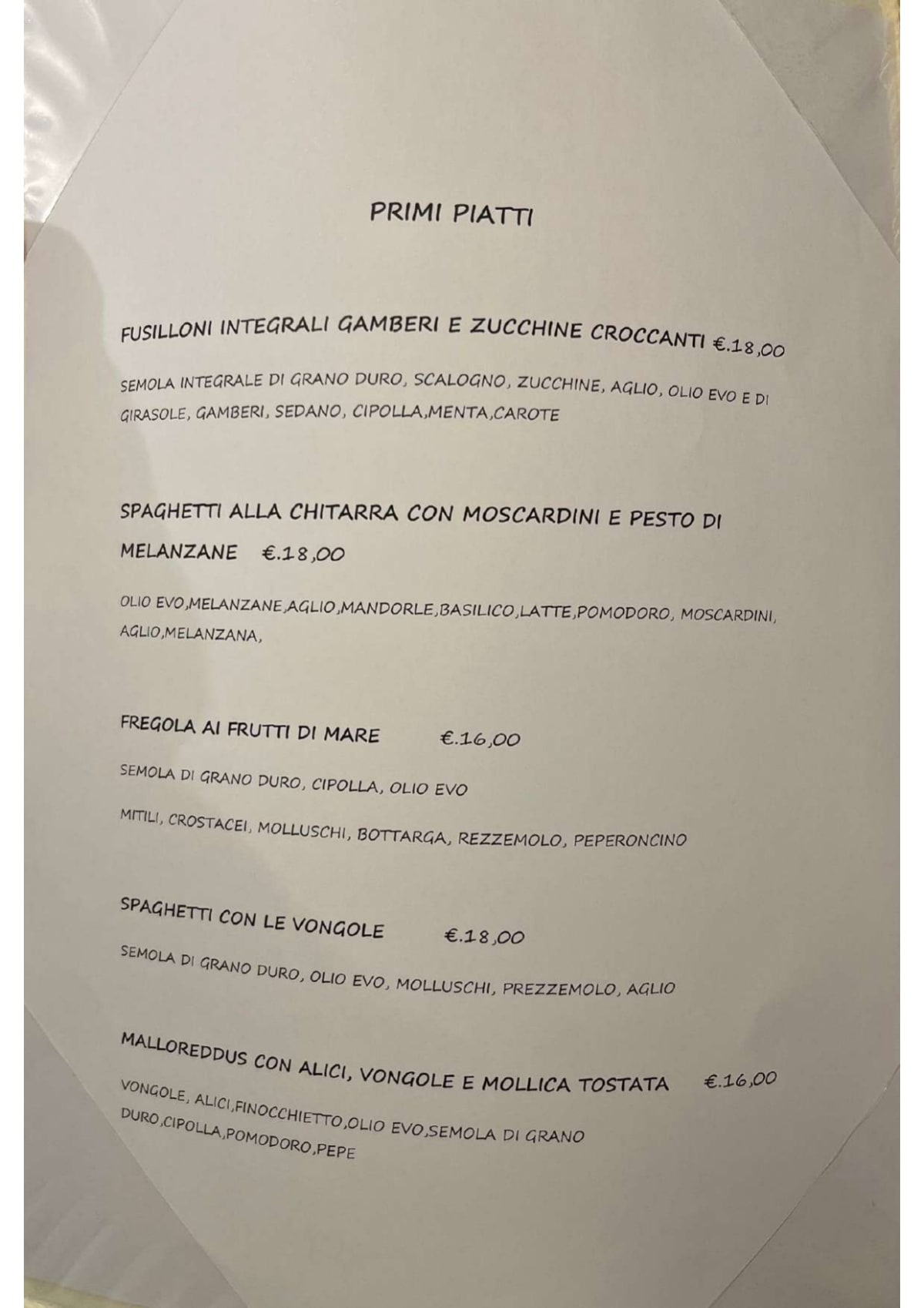 Pani e Pesci menu