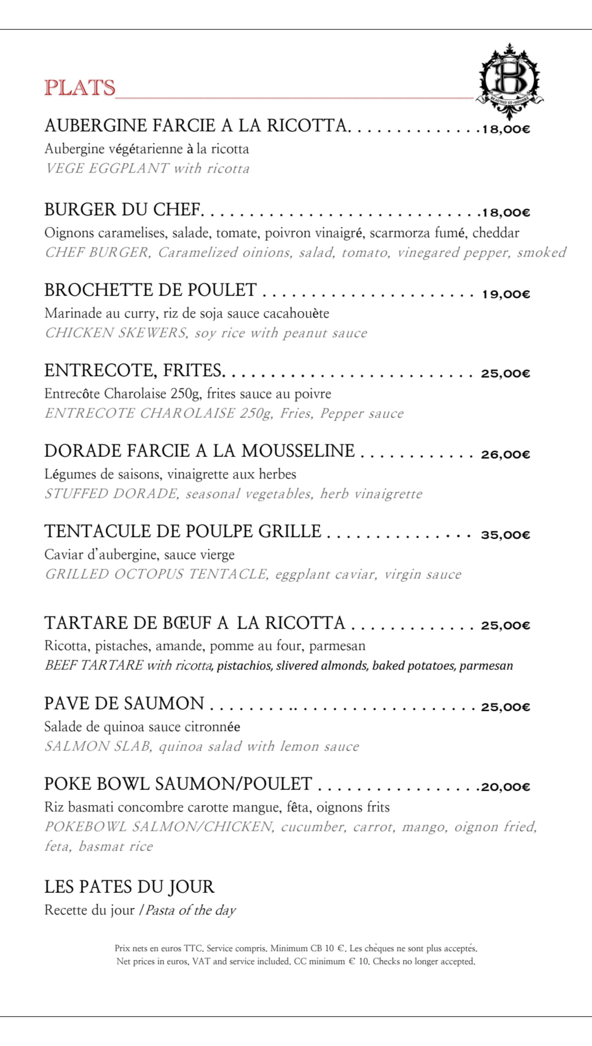 Beauvau Saint Honoré menu