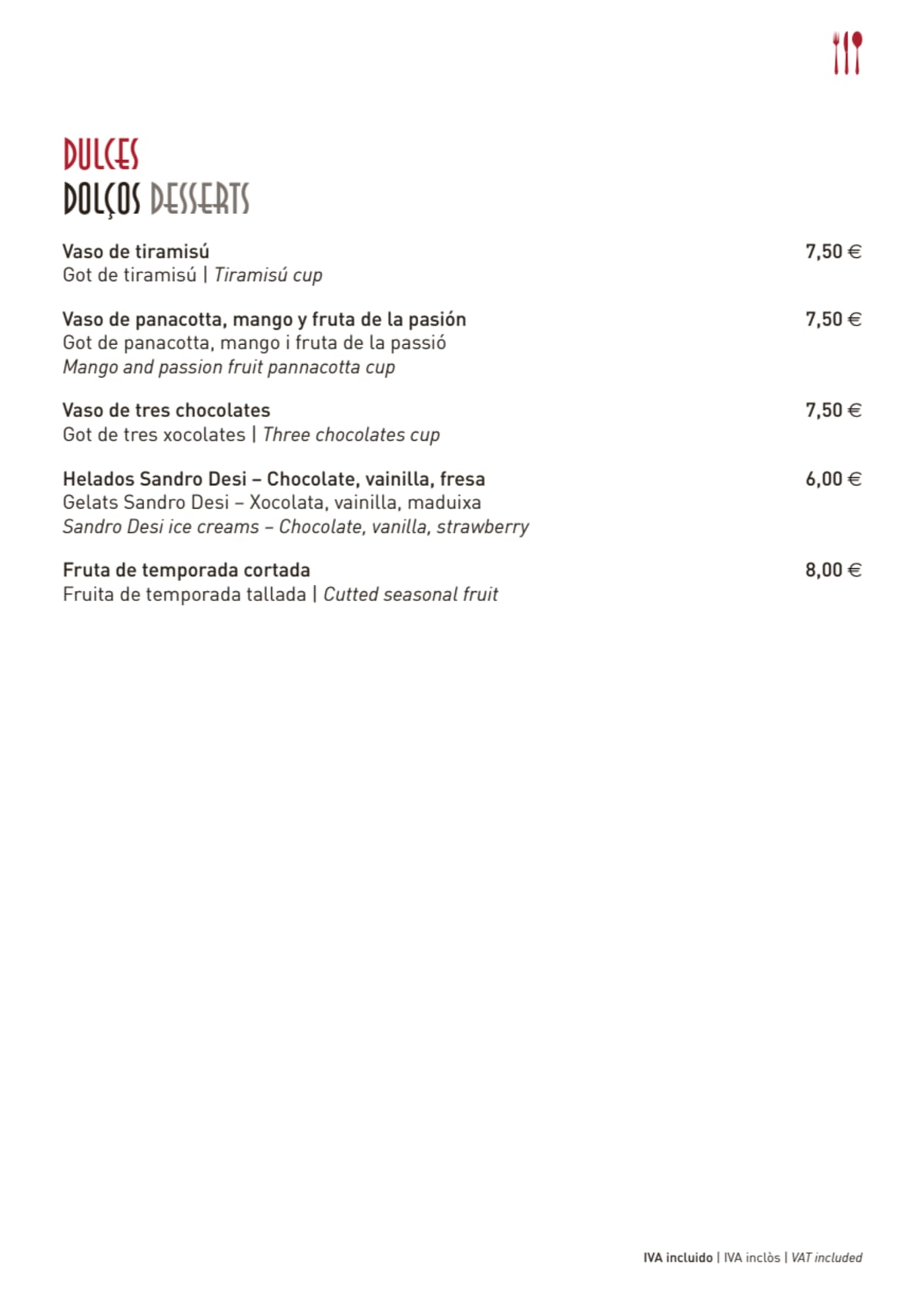 Terraza Alaire Ramblas menu