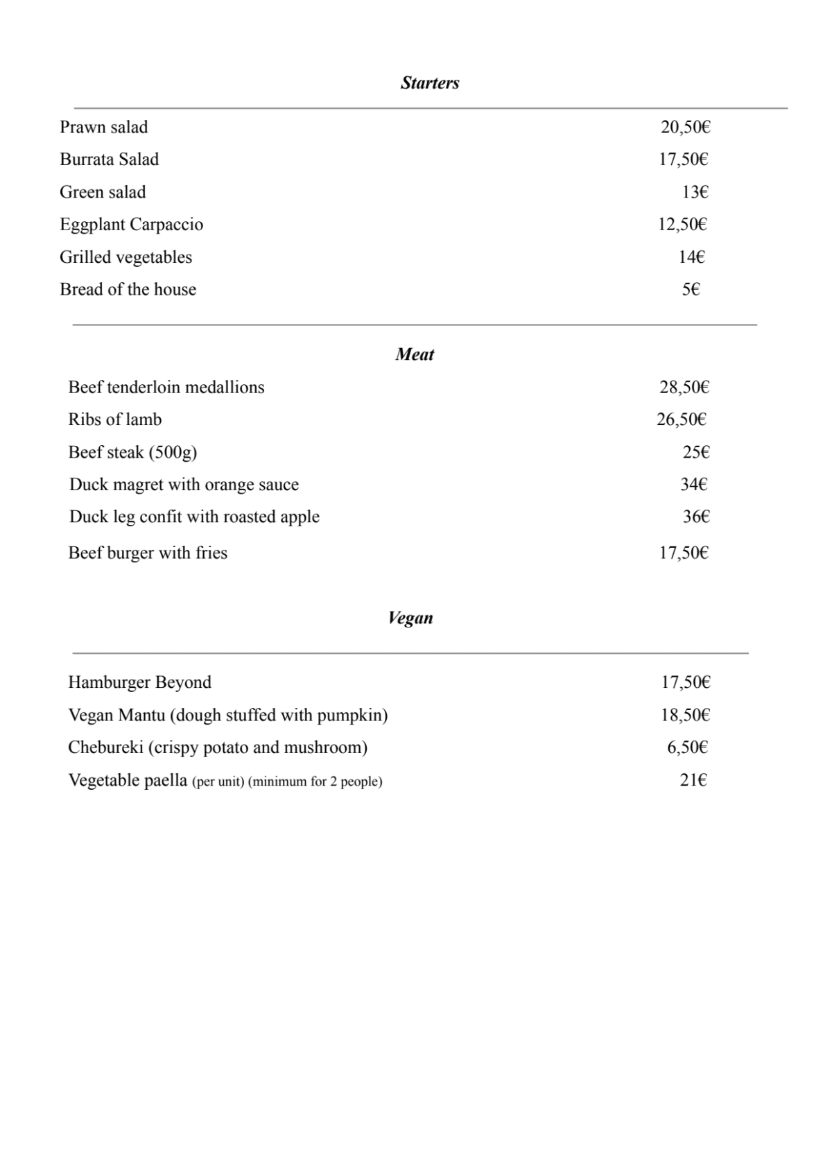 EdeNova menu