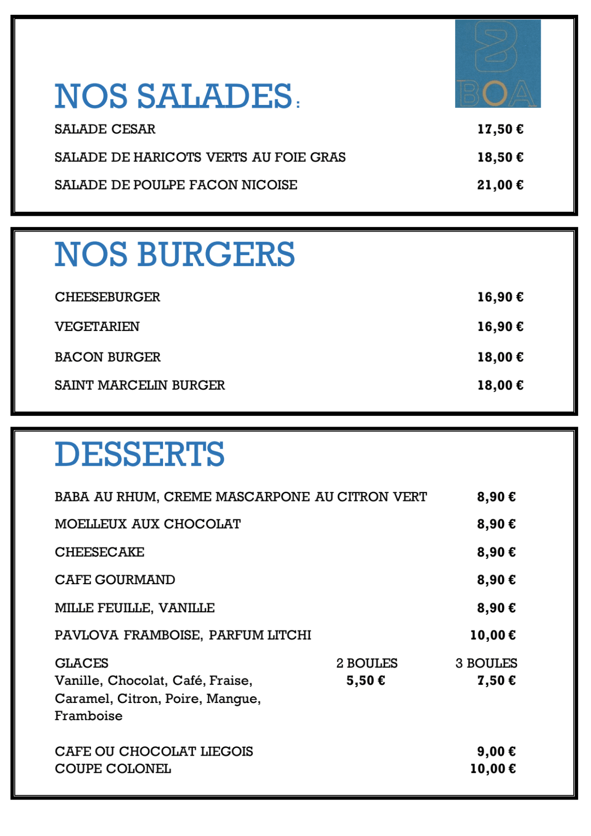 Boa menu