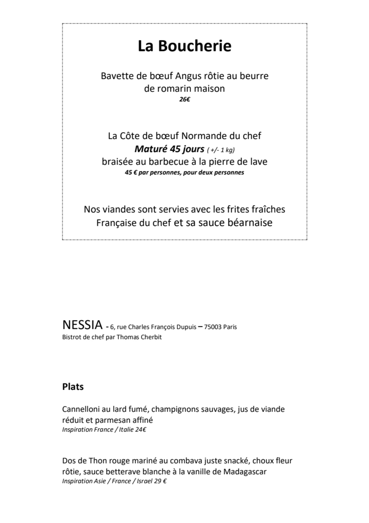 Nessia menu