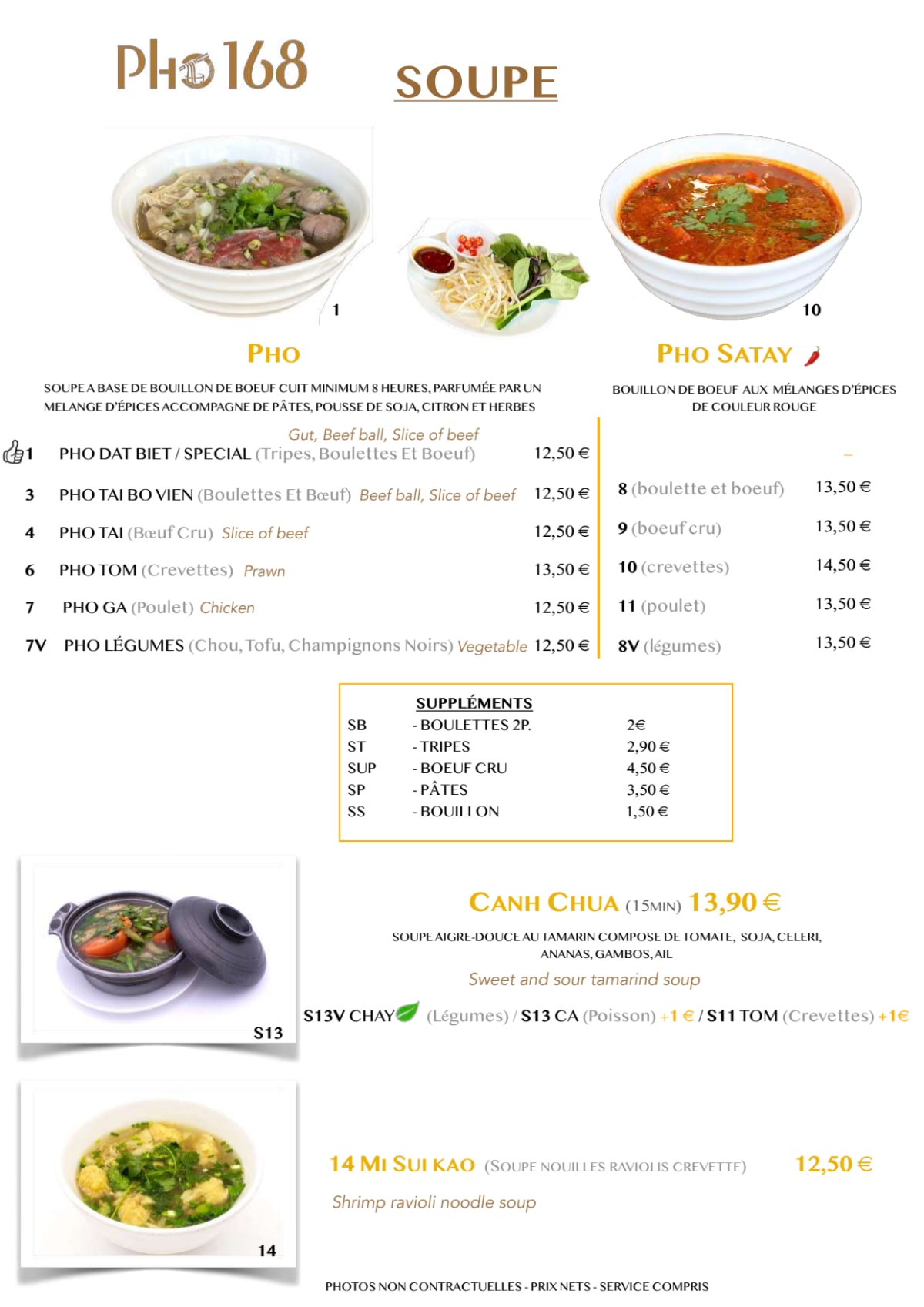 Pho 168 menu