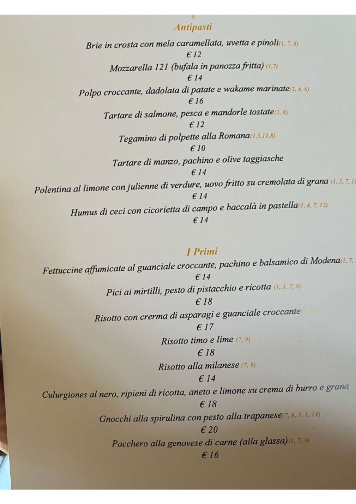 Terrazza 121 menu