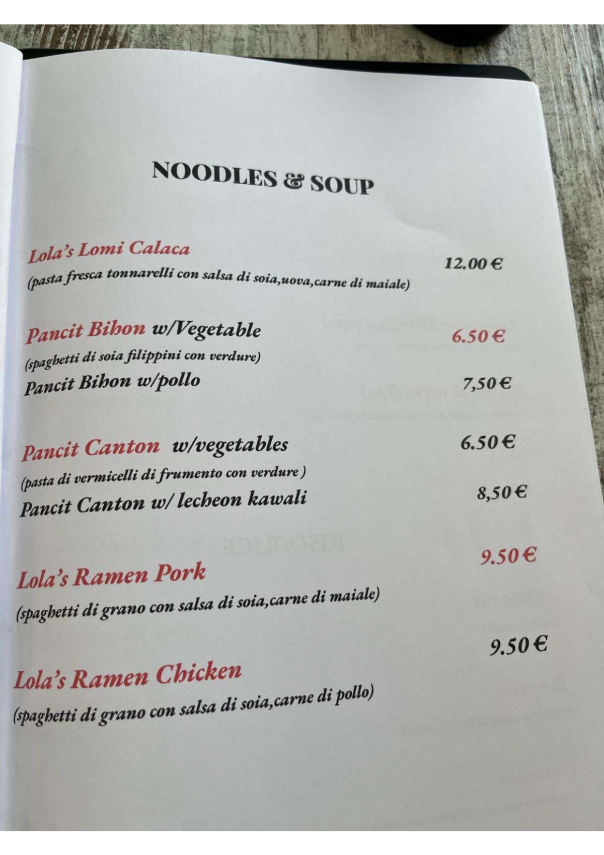 Lola's menu