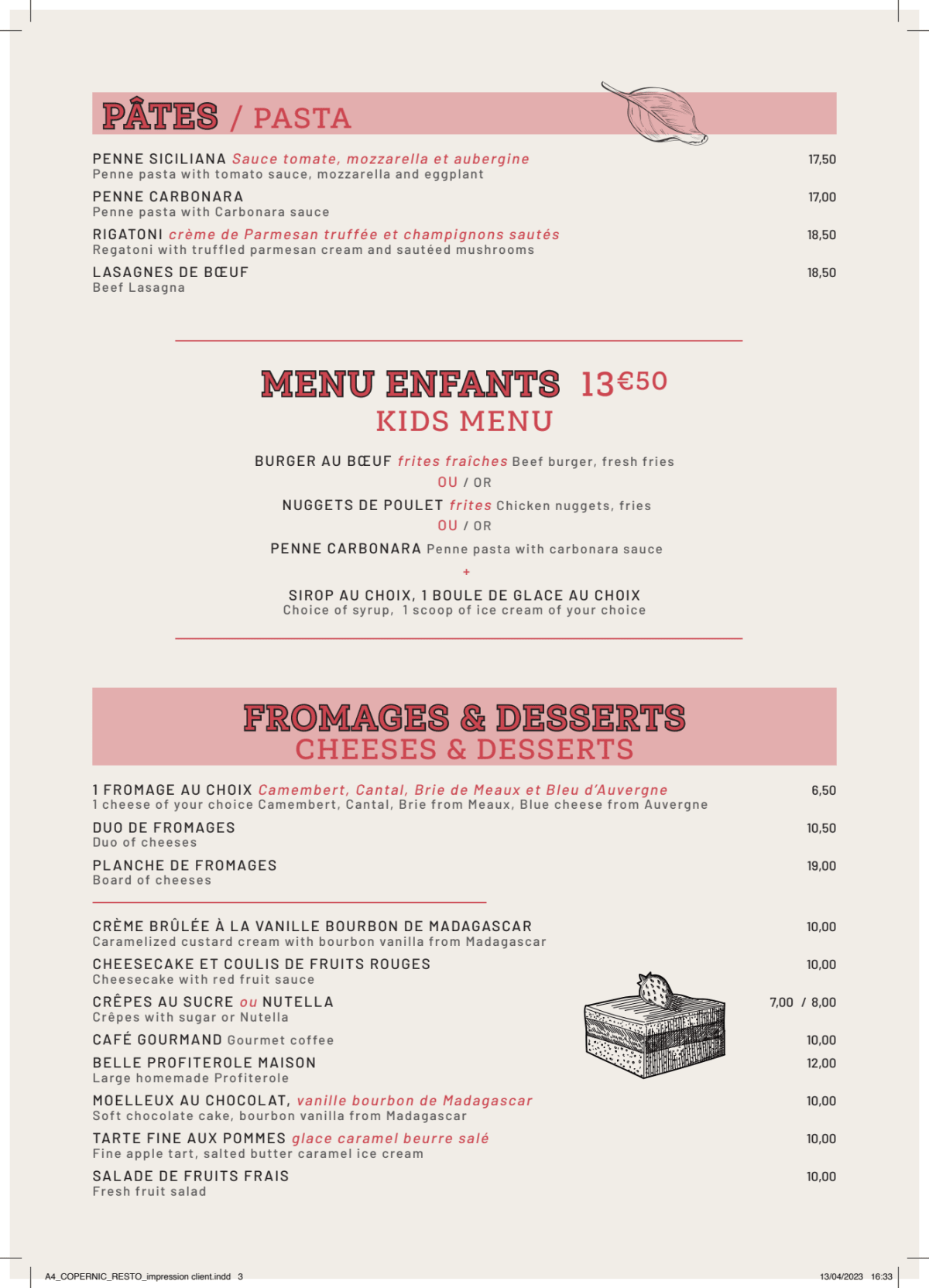 Le Copernic menu