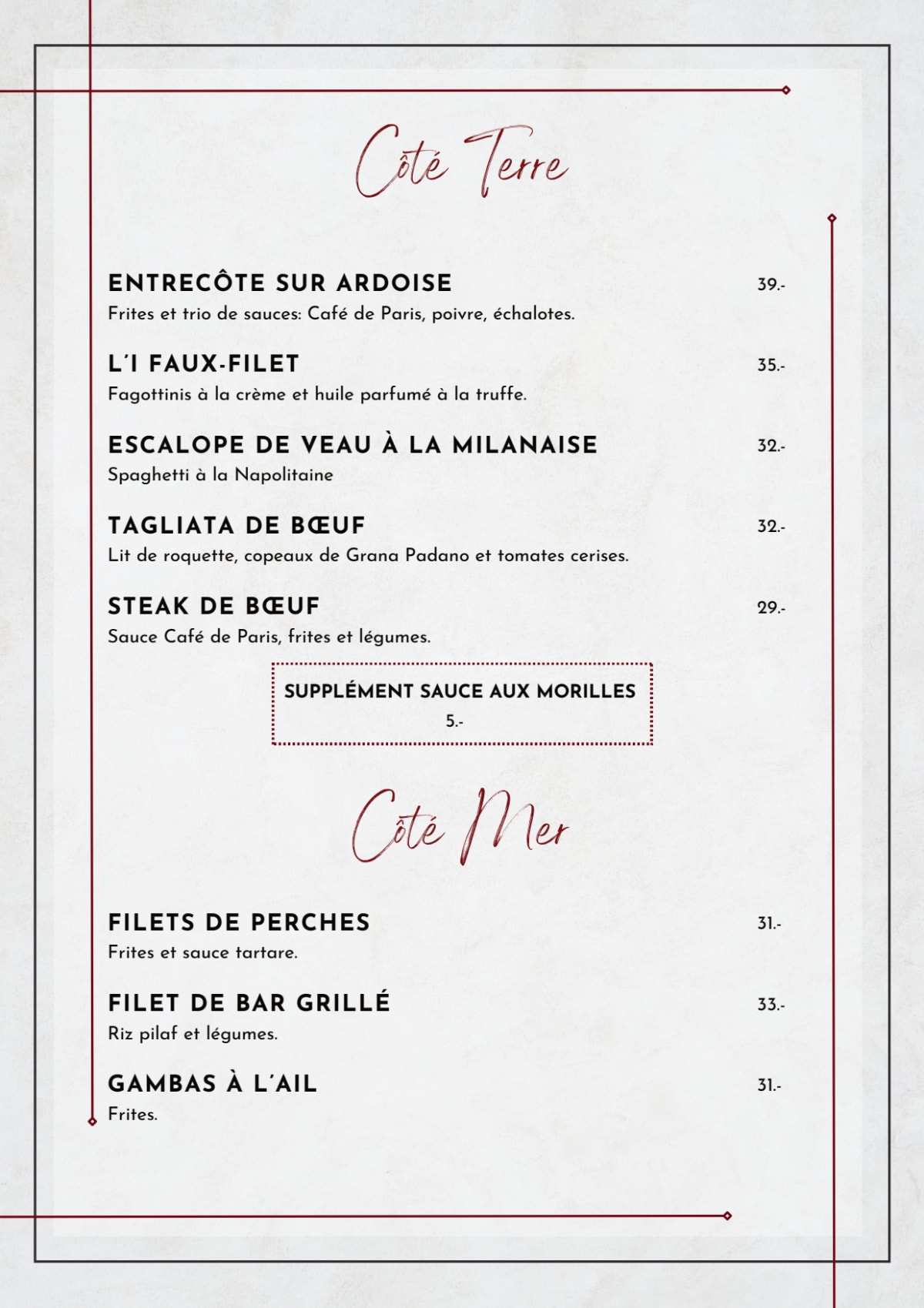 Italian Pub & Restaurant menu