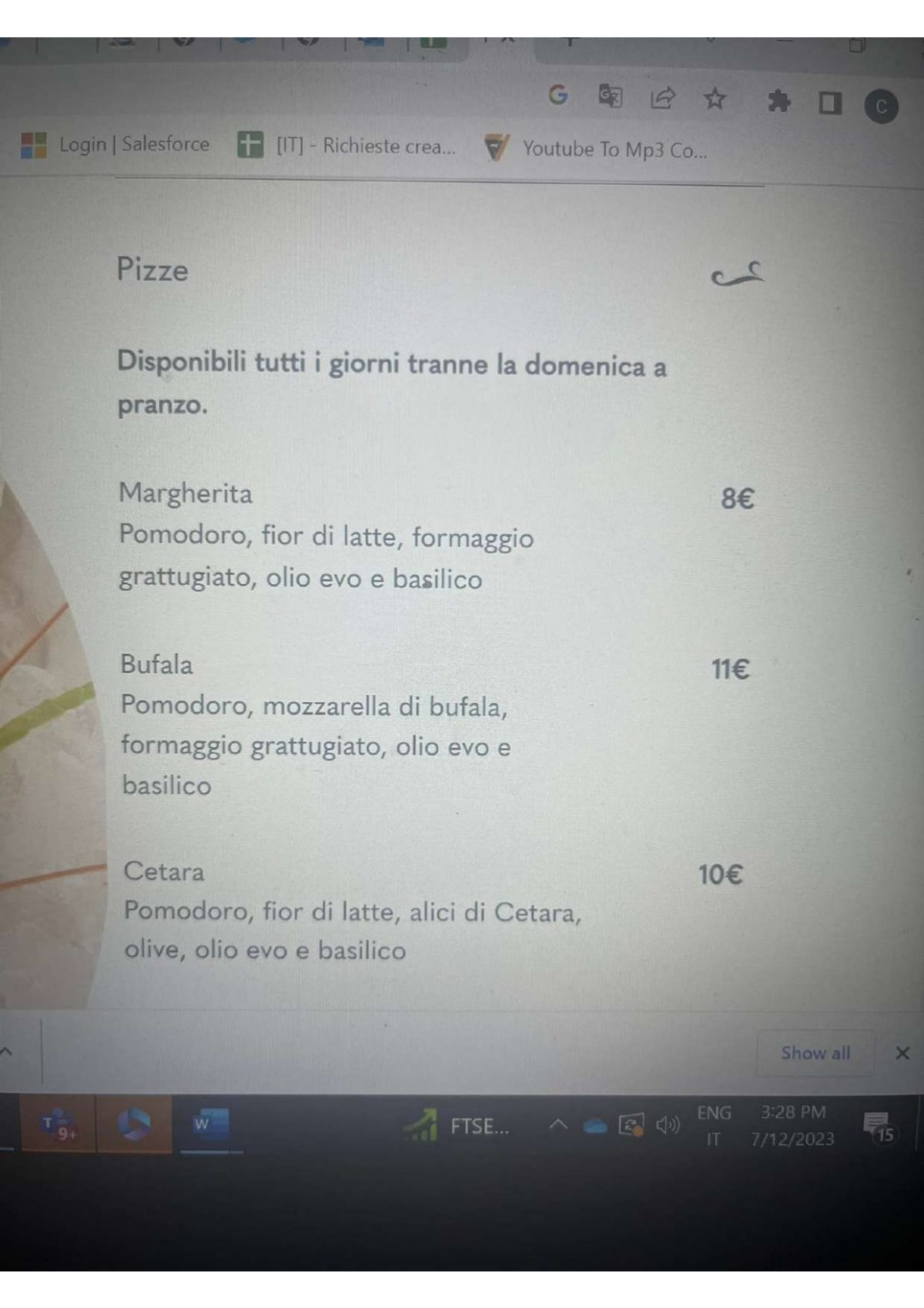 Carmelina Revel menu