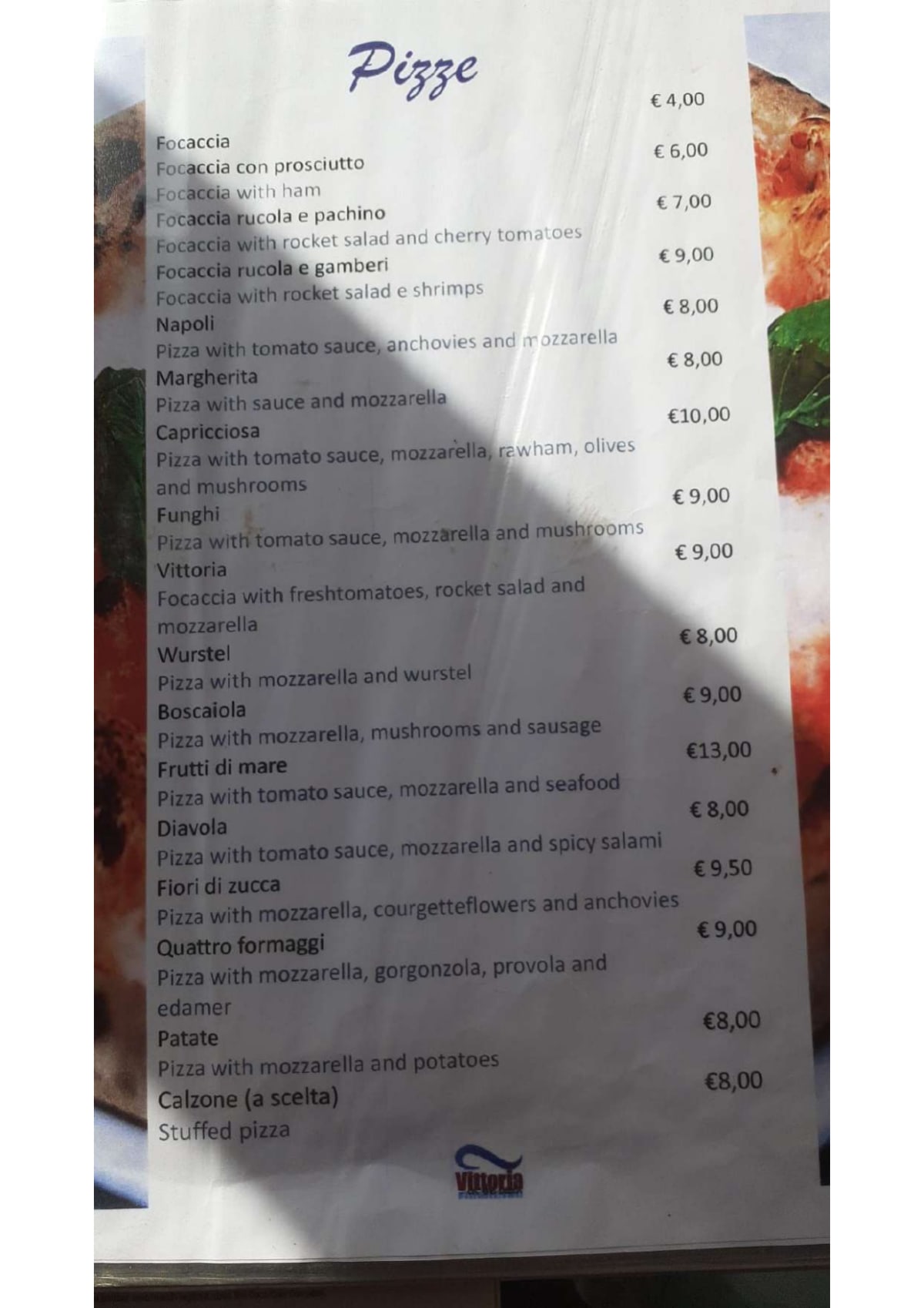 Vittoria Beach menu