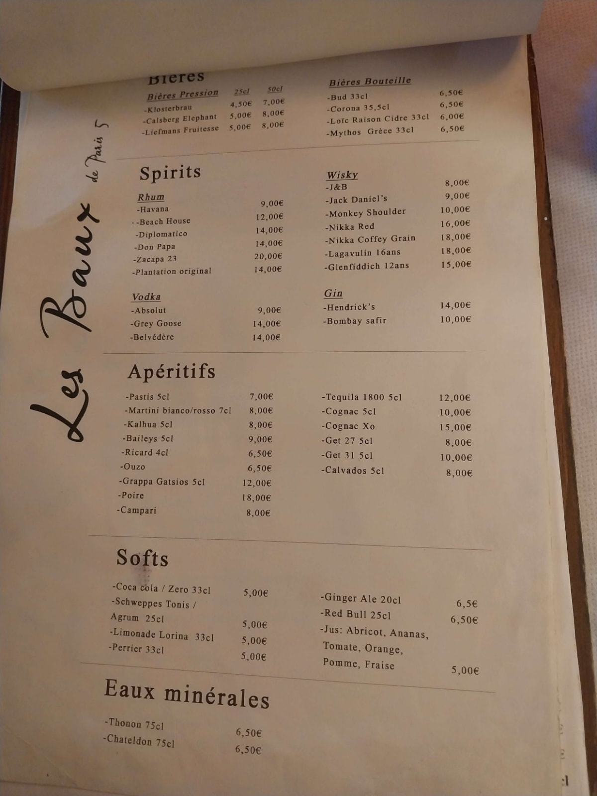 Les Baux de Paris menu