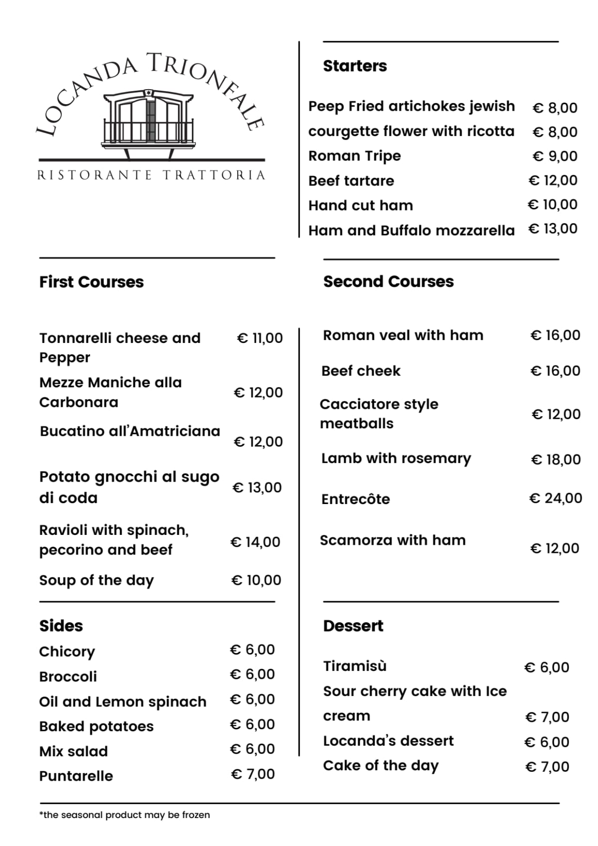 Locanda Trionfale menu