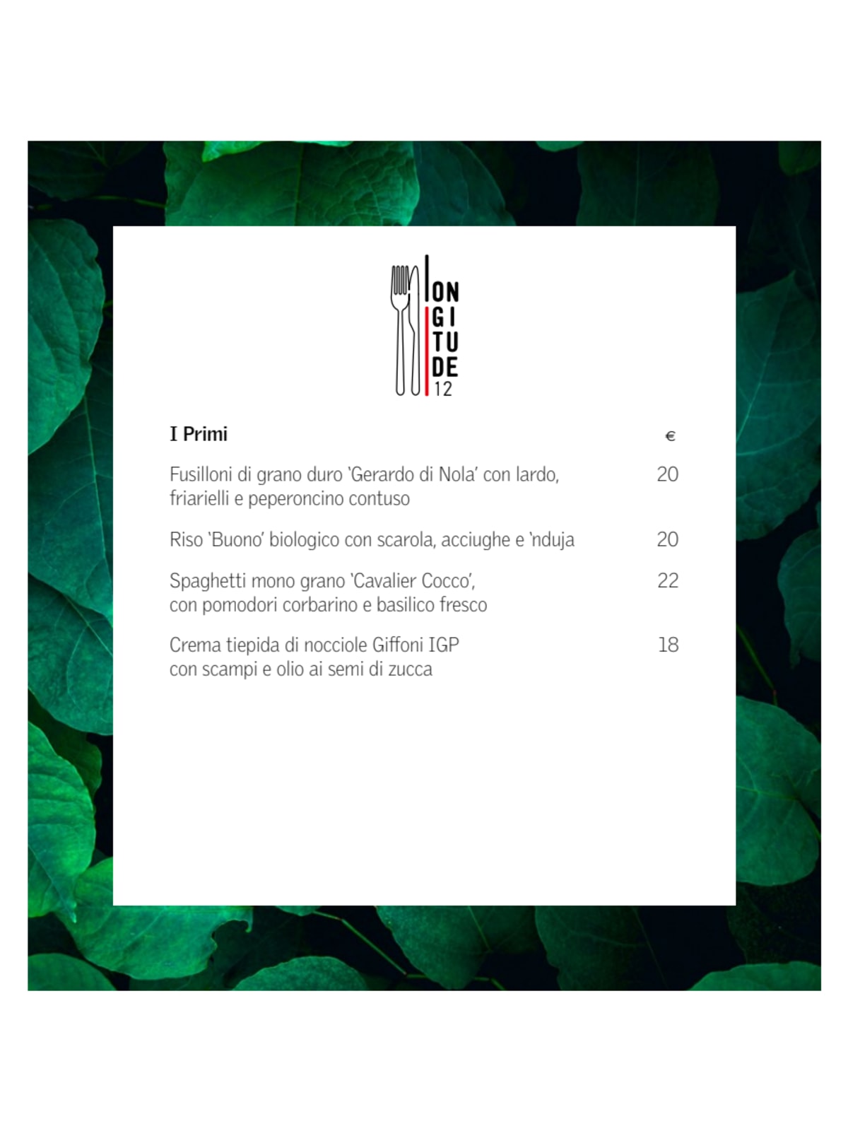 Longitude 12 Bistrot & Jardin menu