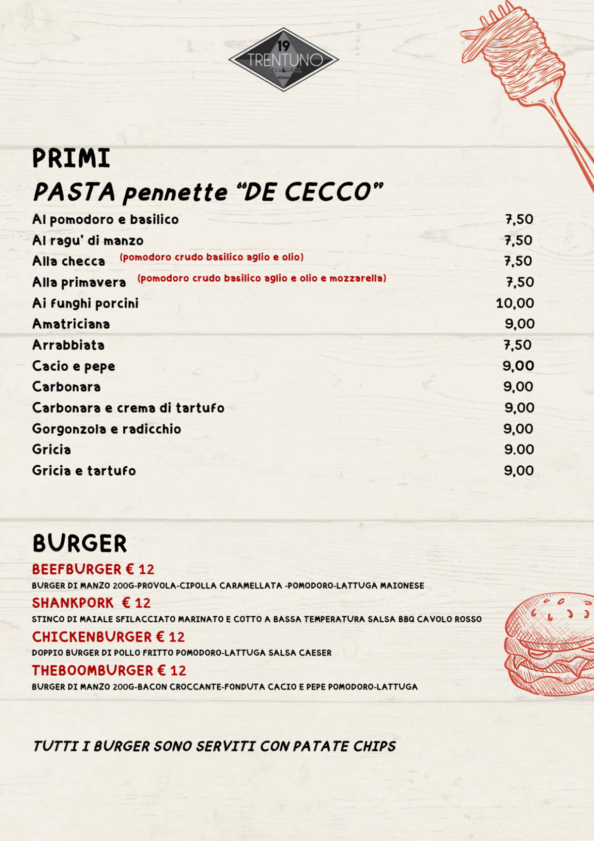 19trentuno Pizza e Grill menu