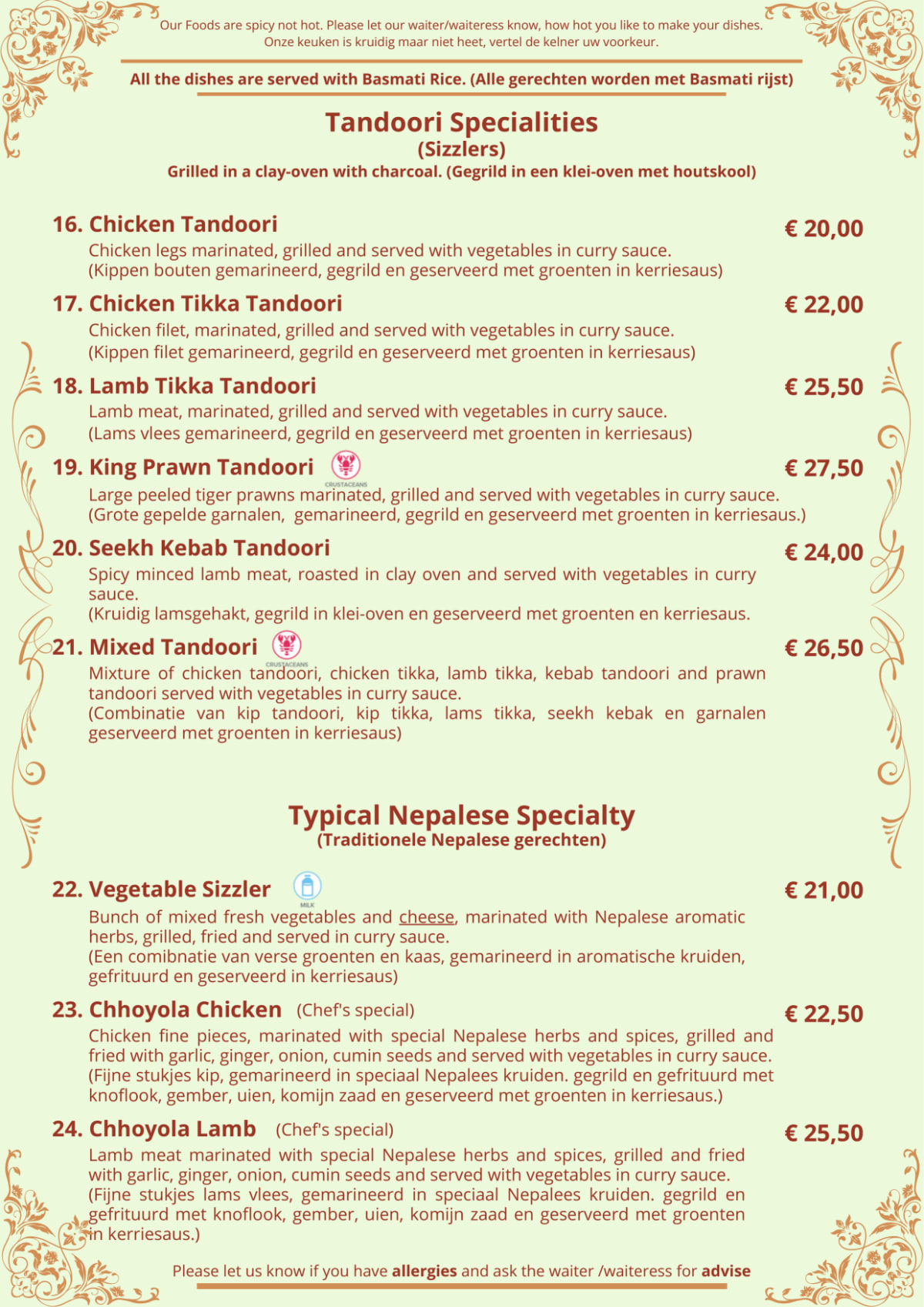 Sita Indian & Nepalese restaurant menu