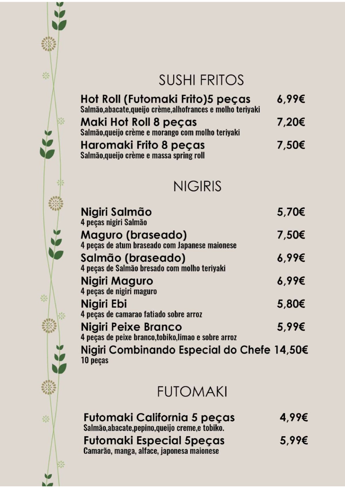 Sushi Sendai menu