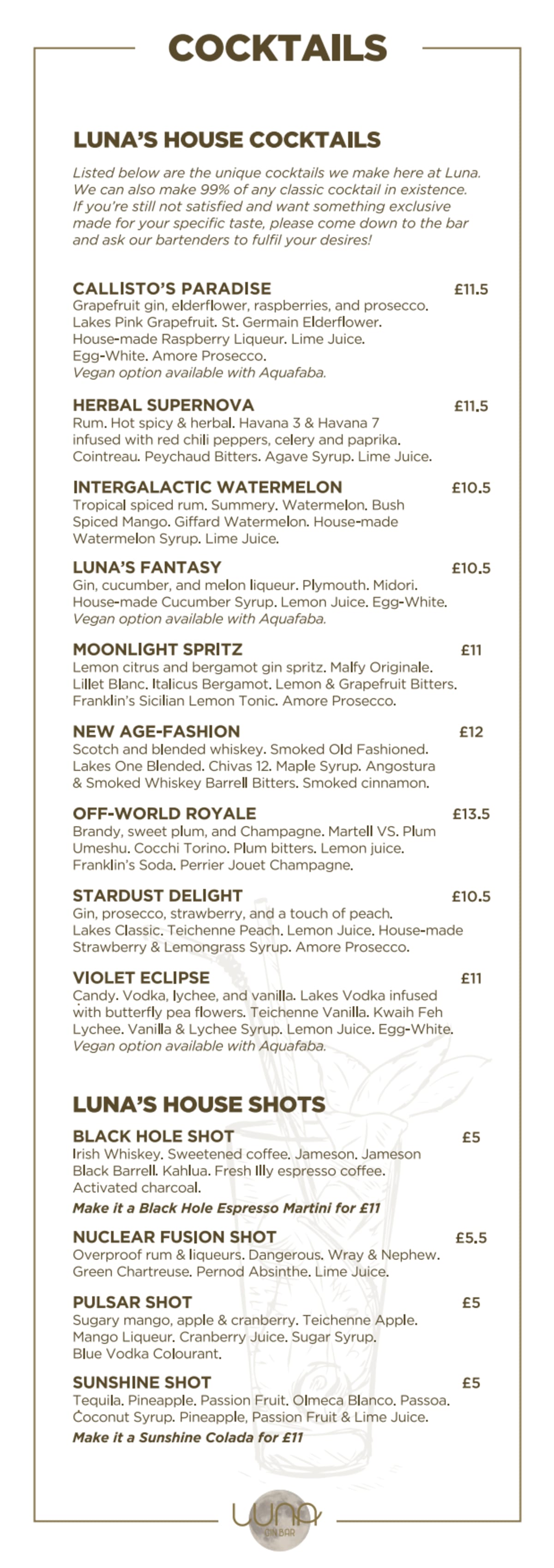 Menus 2024 Luna Gin Bar and Restaurant in London TheFork