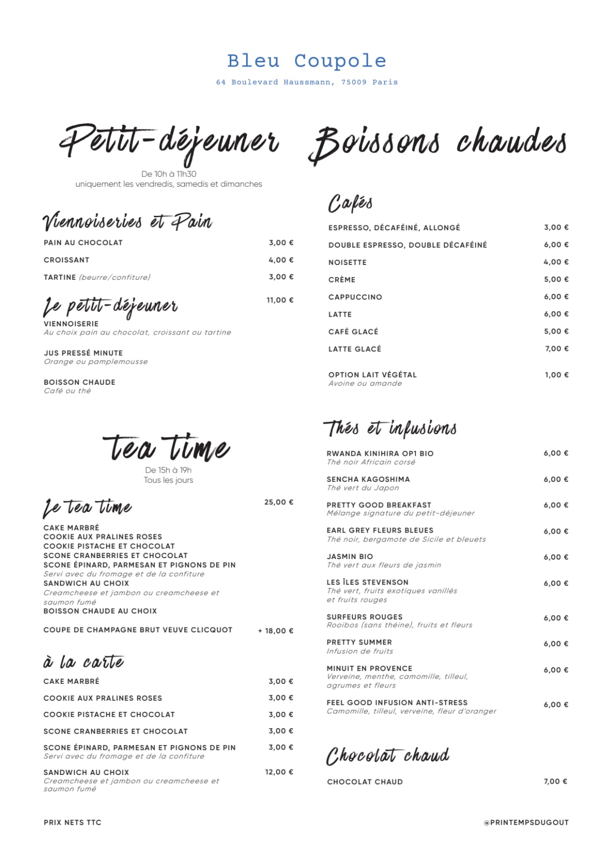 Carte et Menus 2023 Bleu Coupole à Paris TheFork