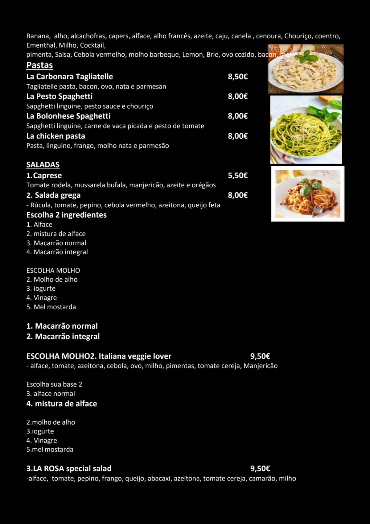 La Rosa Pizzaria menu