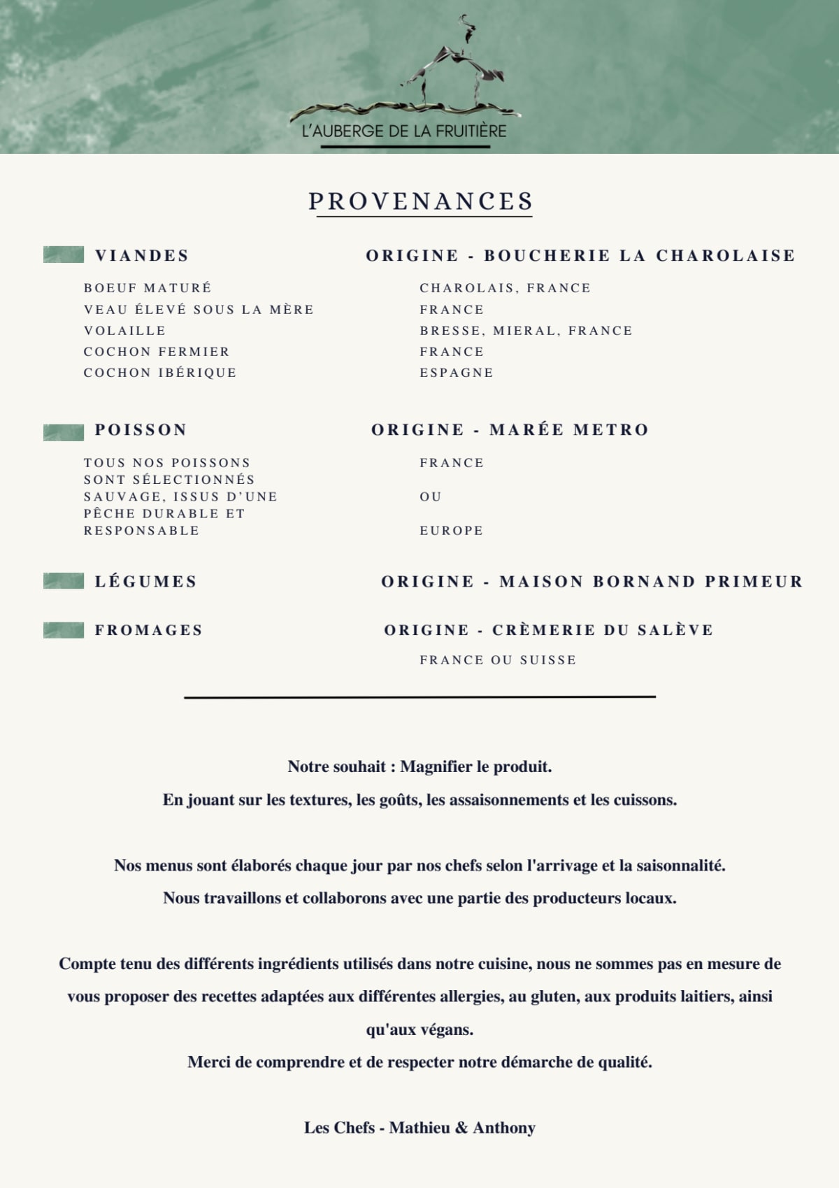 Auberge de la Fruitiere menu