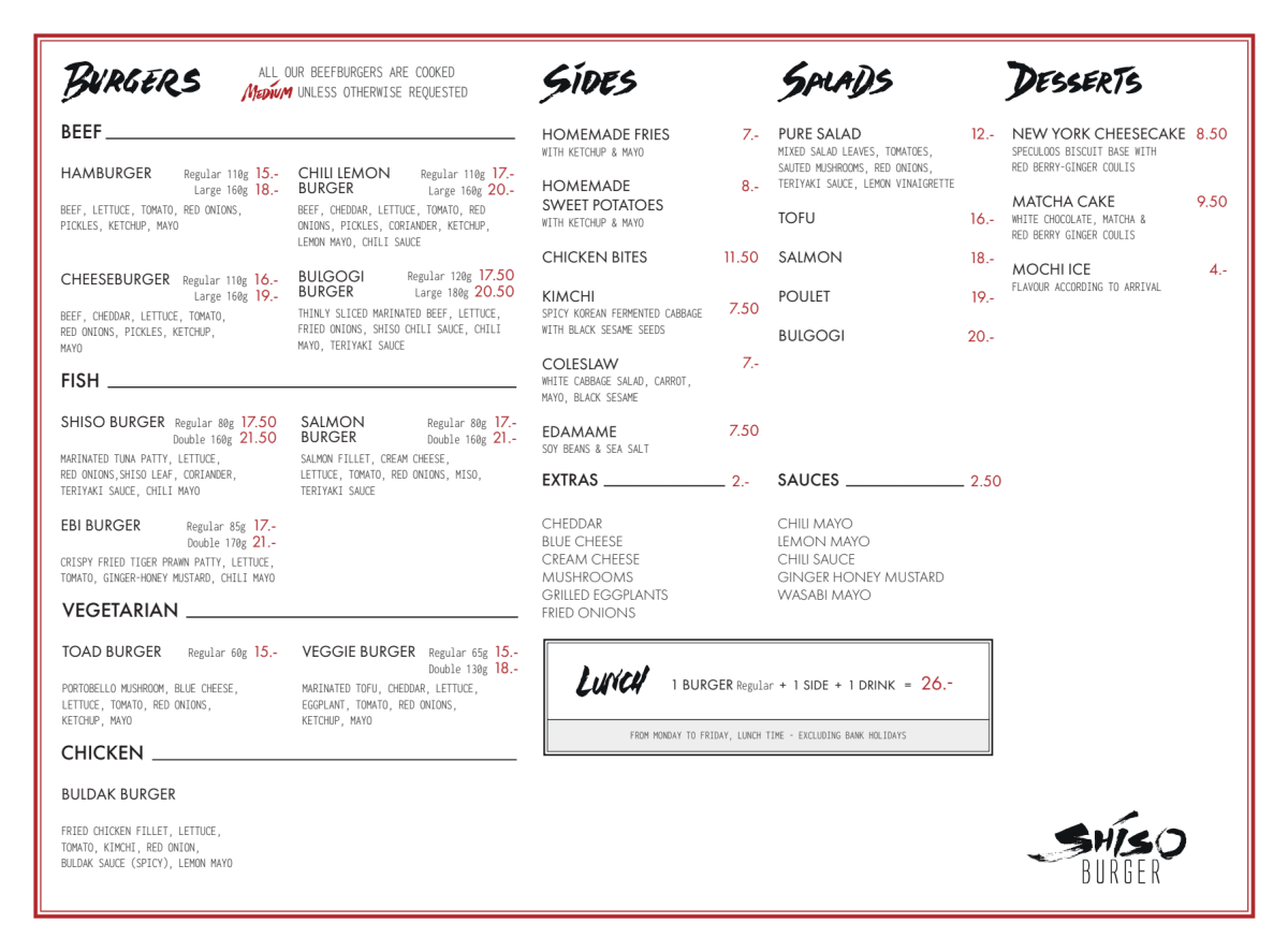 Shiso Burger menu