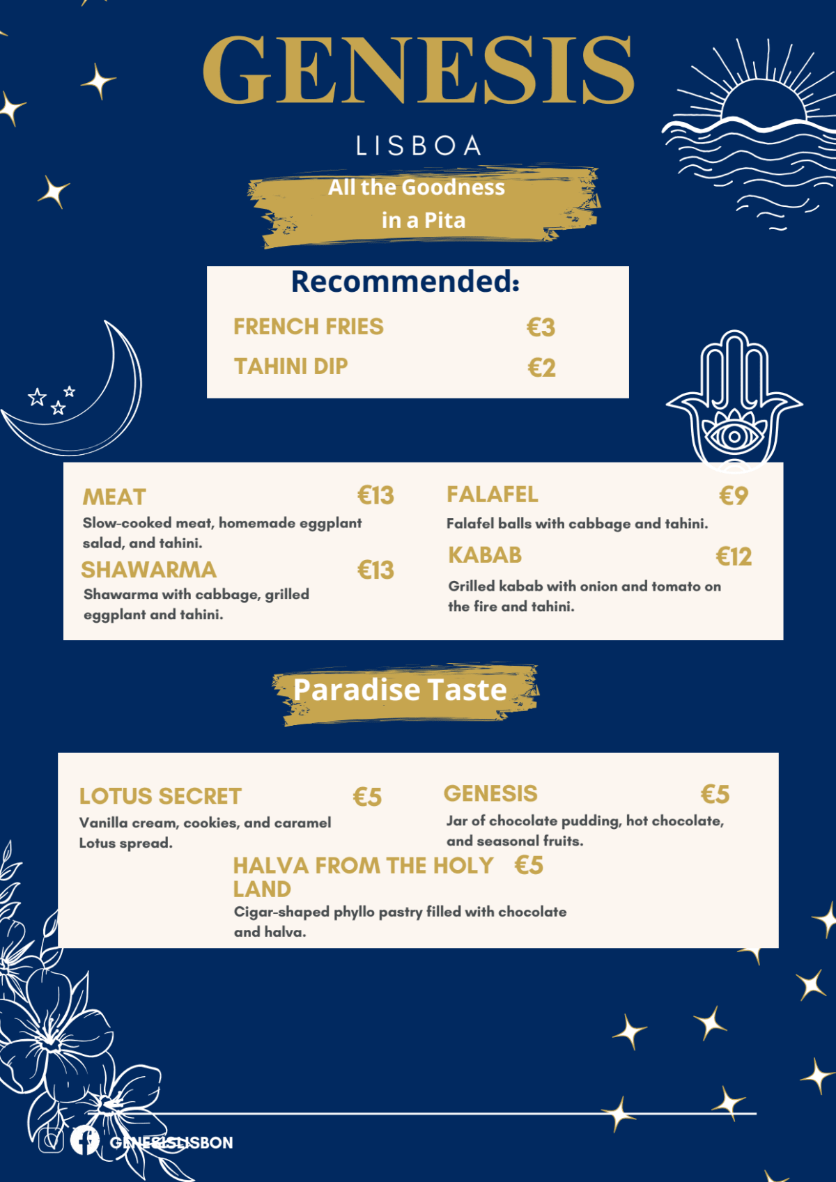 Carte et Menus 2024 Genesis Lisbon Kosher Restaurant à Lisbonne