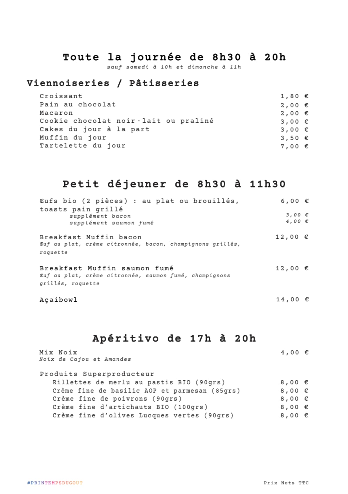 Le Café Vert menu