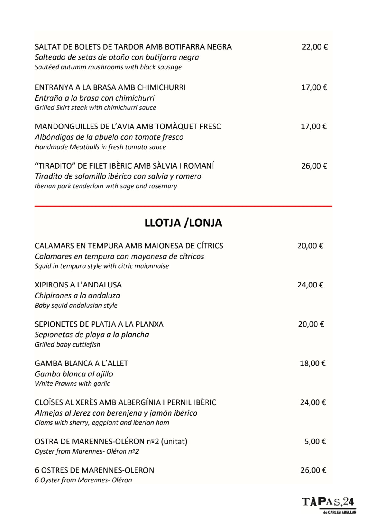 Tapas 24 - Diputació menu