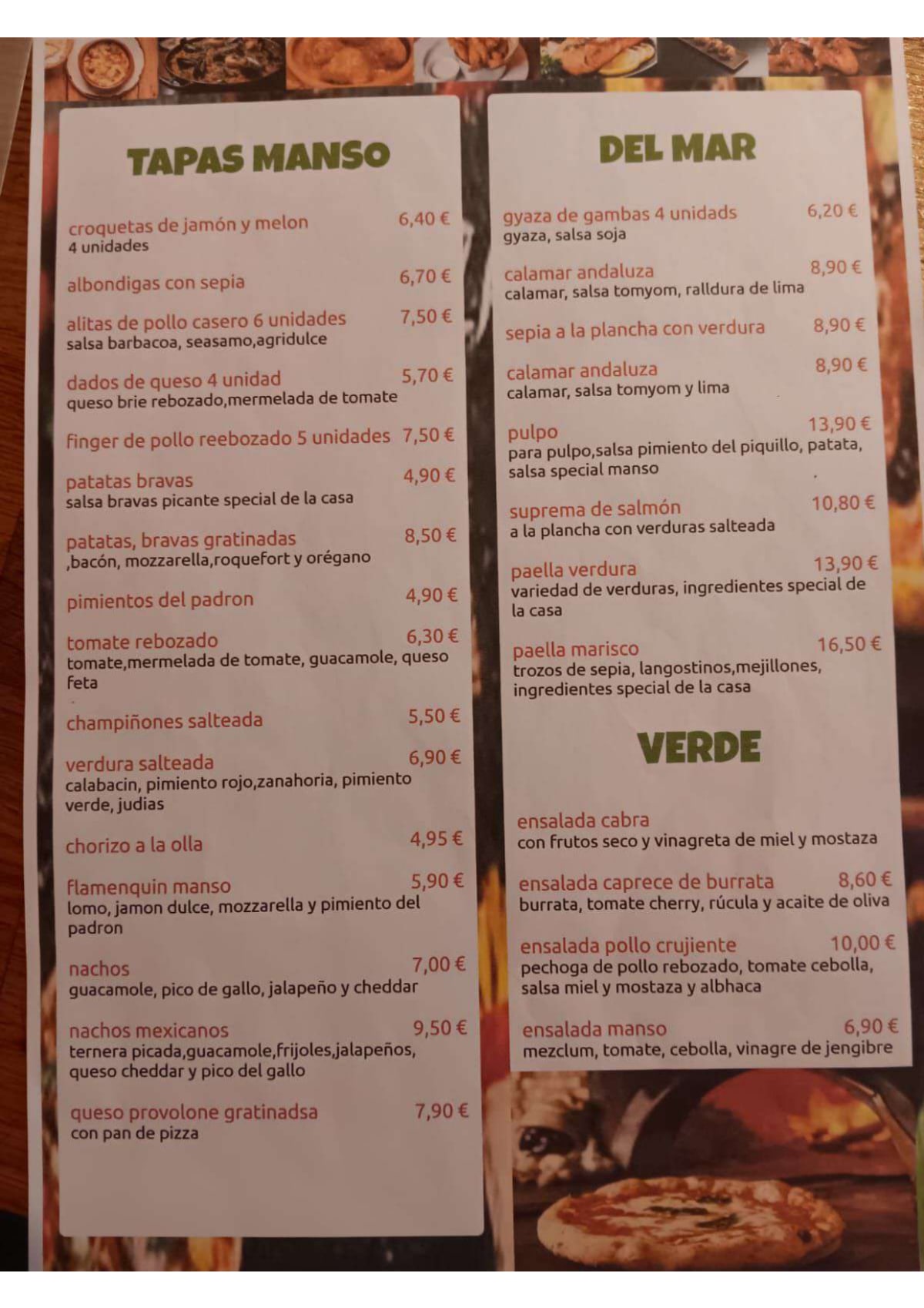 Manso Pizzeria menu